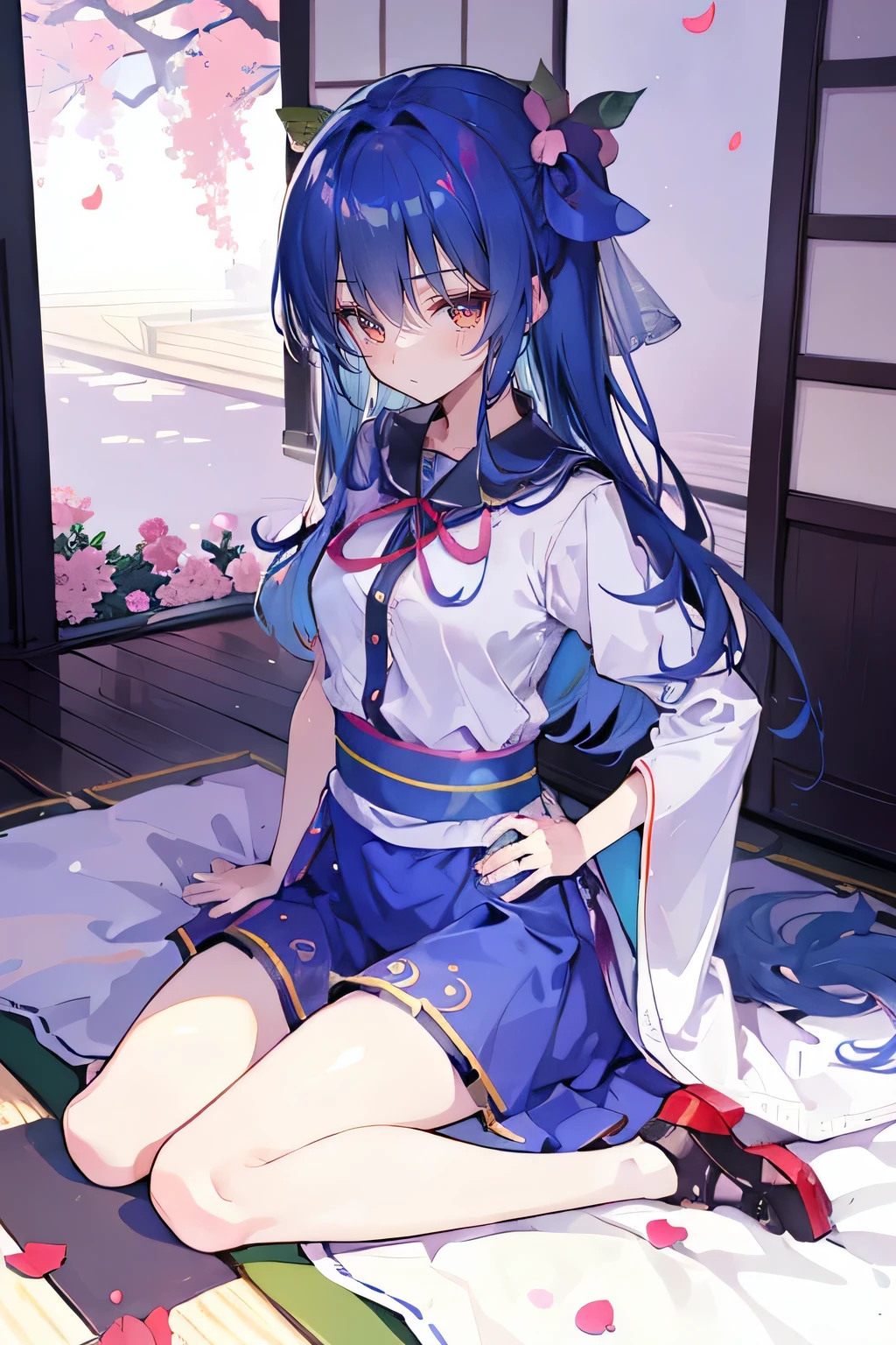 (best quality, masterpiece:1.2), expressive eyes, perfect face, 1 girl, hands on waist, beautiful, gorgeous, Japanese animation, Lola, Hinamori Angel, blue hair, floating clothes, waist grab, waist grab, hands on hips, sitting, sitting on the ground, legs on the ground, flat-chested, falling petals, sitting in a pavilion, pavilion.