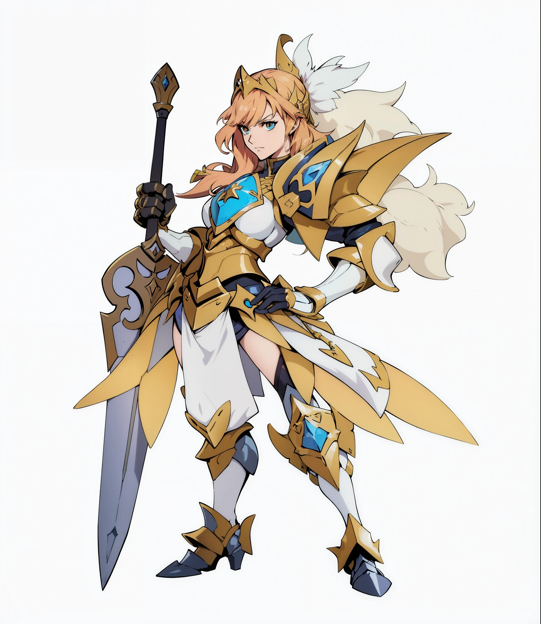 Anime character holding a sword and armor holding a sword, female Paladin, gorgeous female Paladin, picture of female Paladin, portrait of female Paladin, Knight of the zodiac girl, Paladin!, gold Paladin, Armor Girl, Paladin, Mechanized Warrior Girl, final fantasy tactical characters, Official Character Art, Duelist Style