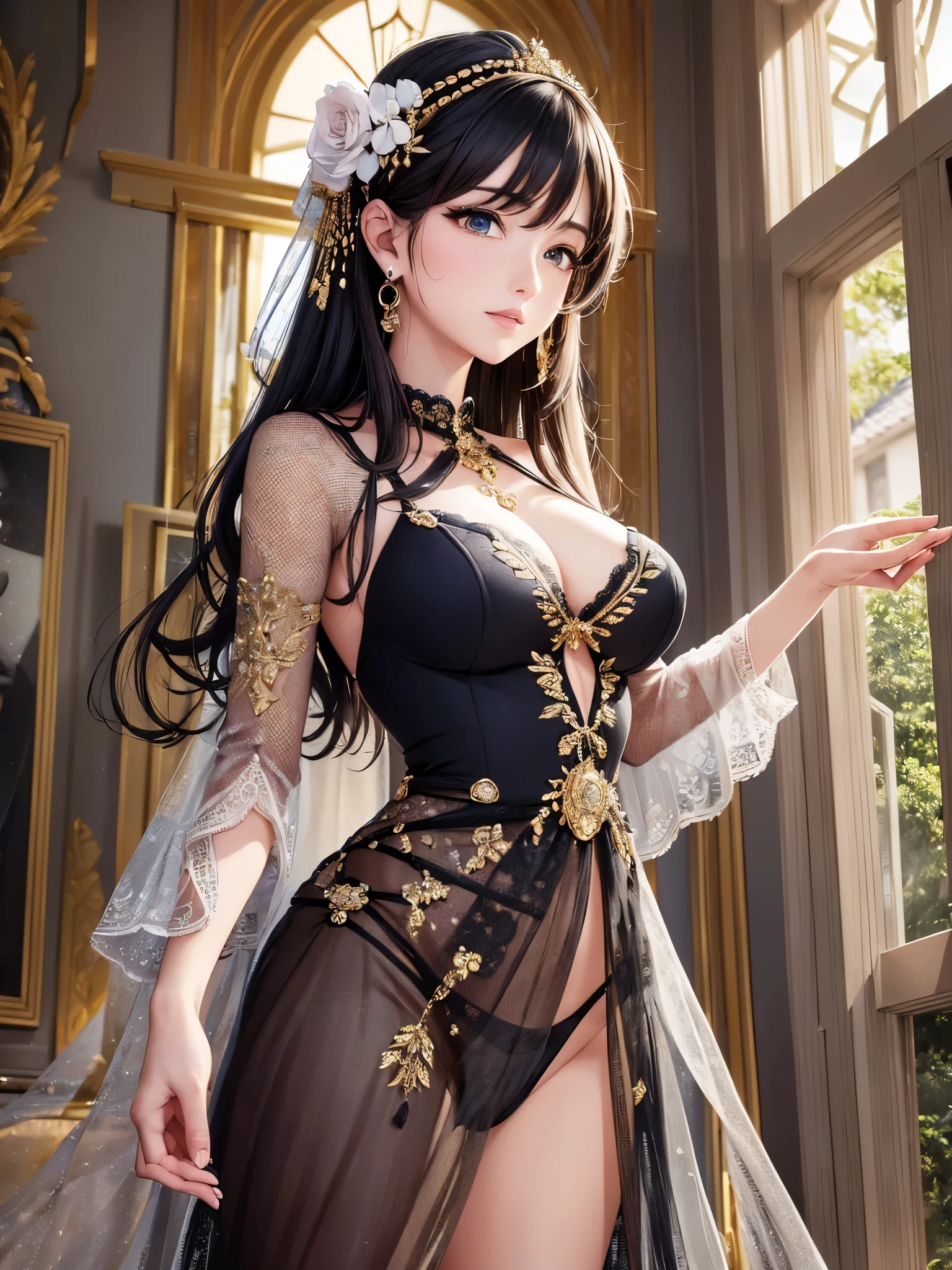 ((highest quality)),(Ultra-high resolution),(Very detailed),(Detailed Description),((The best CG)),(A masterpiece),Ultra-precise art,amazing drawing art,(Art with precise detail:1.5), (woman:1.4), (A front-open dress with detailed and detailed depictions:1.6),Floral embroidery:1.7,Scattered gems:1.5, The sparkle pours down:1.6