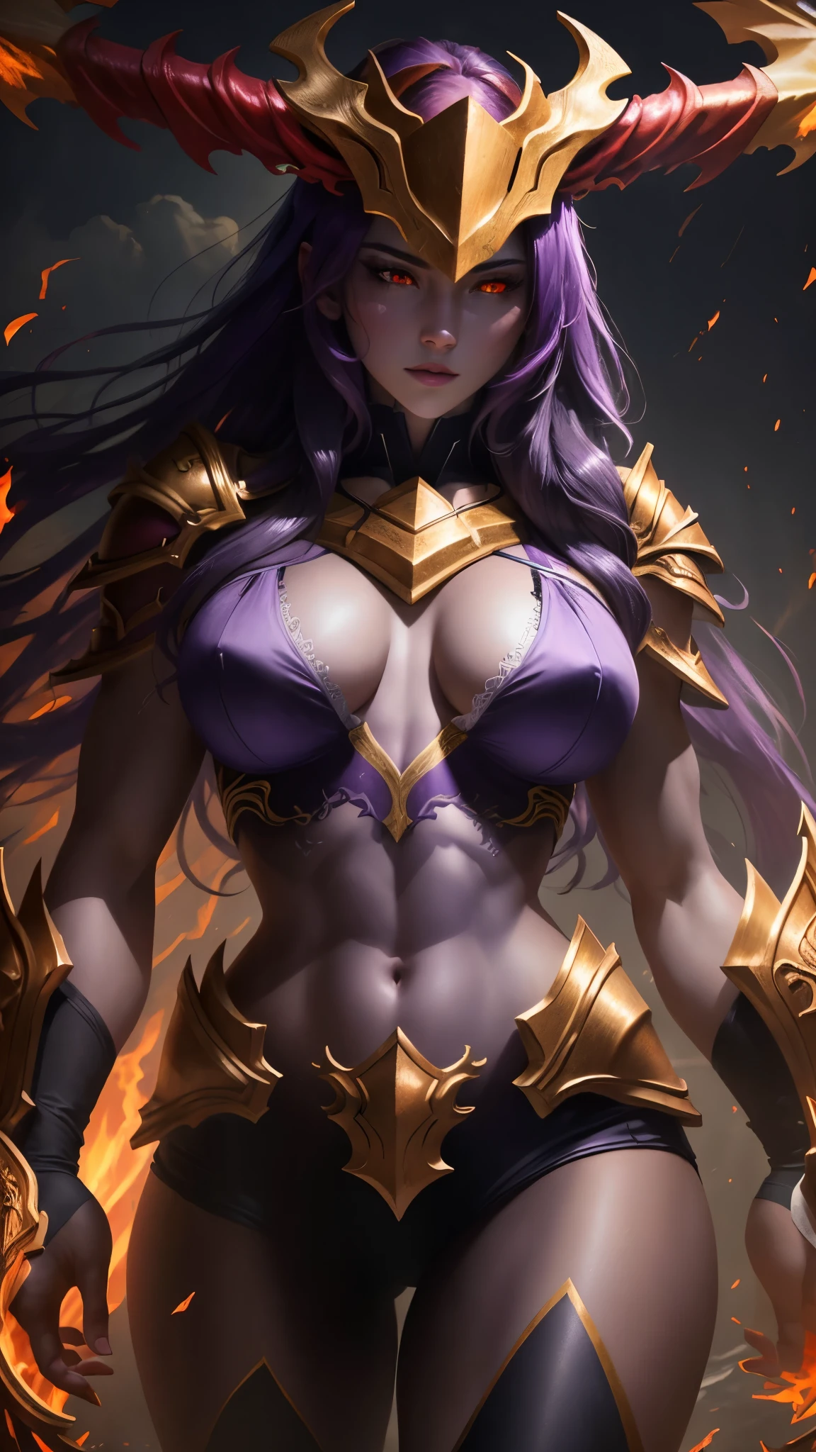 ((masterpiece, ultra detailed)), 1girl, solo, (upper body portrait), The_Half_Dragon_Shyvana, Purple_skin, Long_hair, (stunningly beautiful), medium breasts, beautiful face, beautiful eyes, red eyes shining with high intensity, glowing eyes, battle-stance ready, dynamic pose, dark theme, muscular female, fit, abs, crepuscular rays, hdr, HDR, bloom, volumetric lighting, emissive lighting, high intensity lighting, glowing, dramatic lighting, dark lighting, (ornate), digital art, trending on artstation, award winning, fascinating, elegant, RAW photo, absurdres, 8k uhd