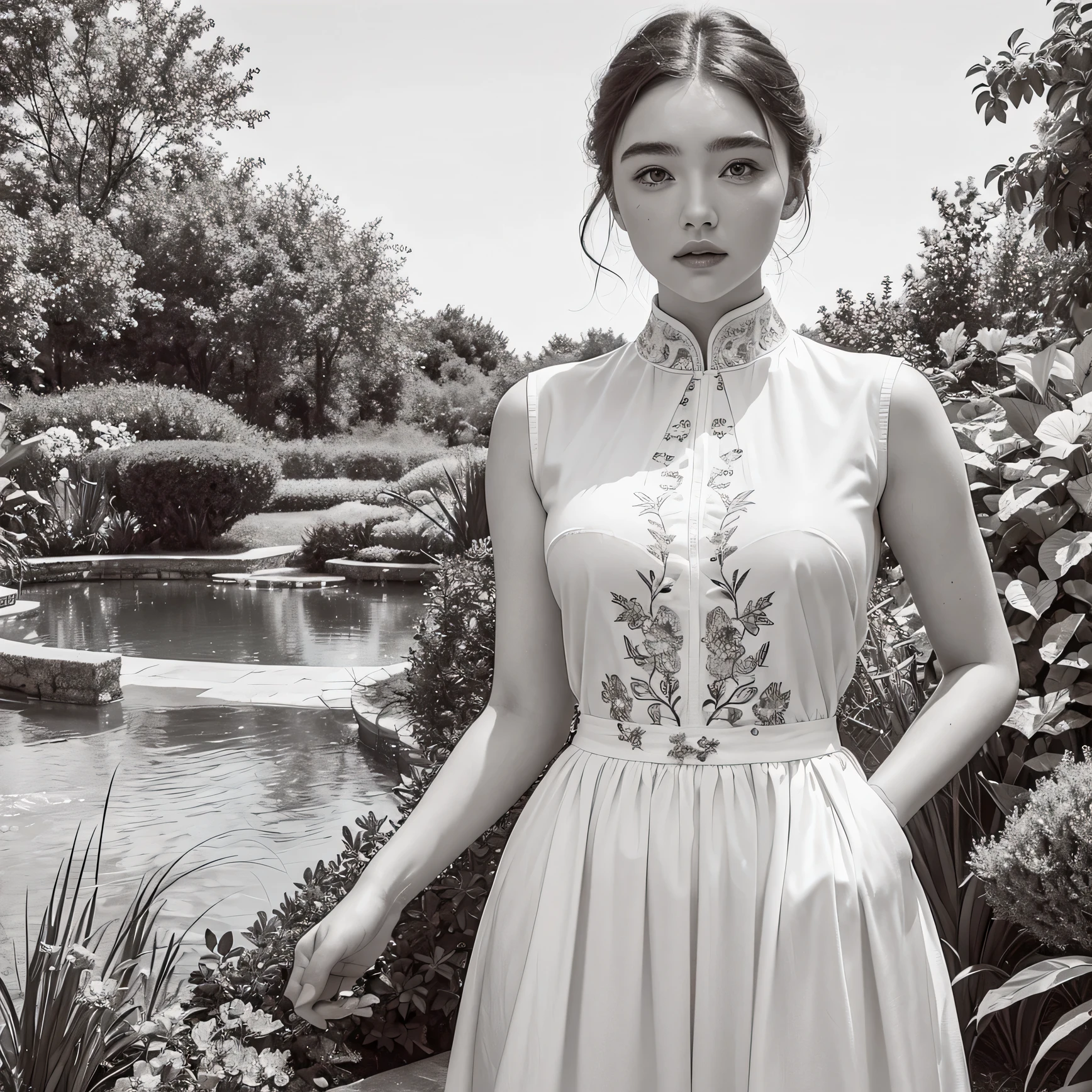 masterpiece, Line art of female characters, Florence Pugh's shocked expression, Detailed country garden background, Art Deco Design,, double exposure style, No shadow, For coloring pages, White space, No shadow,