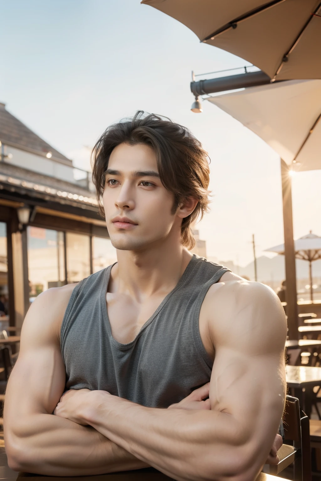 ( masterpiece) , realistic, portrait of a young muscular man, insanely handsome face, sunlight, cinematic light, messy windy hair, stunningly handsome man, beautiful eyes, perfect anatomy, very masculine , tanned golden skin, prince hazel eyes, ( enclosing the head in a frame) , stylized, 8 life - size, 8 K resolution, resting on the terrace of a cafe in trendy clothes, looking far away, human hands, strangely rich and masculine, full - body view, dynamic, very masculine, character sheets, concept art, smooth and distant view