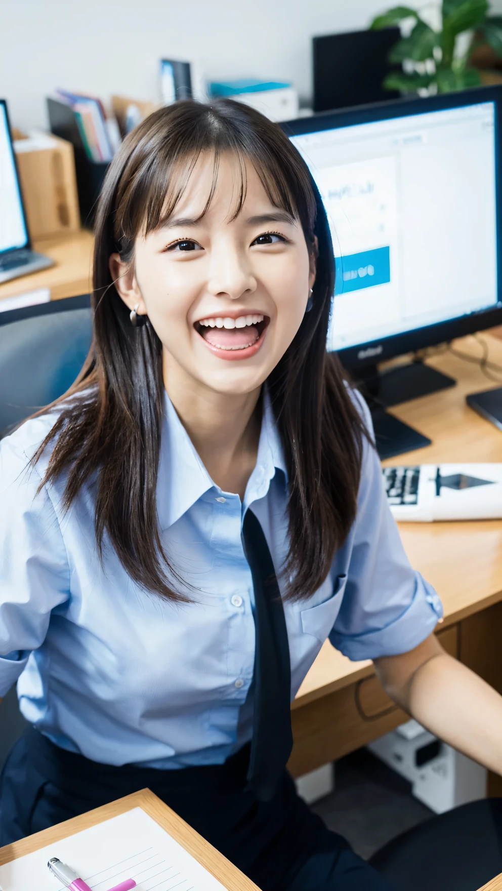 (Raw photo, highest quality), (8K, highest quality, masterpiece: 1.2), Super detailed, super resolution, beautiful girl, working at an office, (huge laugh), (open your mouth:1.1)
