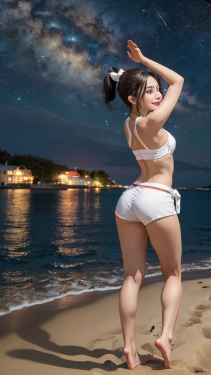 Tabletop, (highest quality), 23 years old,Very detailed, finely, (High resolution), (8k), ((Perfect rear view composition)), (Natural color lip),(ponytail:1.3),(((Sandy beach at night-Standing))),((red and white fitness shorts)),((whole body to toes:1.3)),,((shrapnel:1.3)),((Perfect rear view:1.3)),((The magnificent Milky Way floating in the night sky)),((Pose with your arms raised above your head)),(look back and smile),((Big ribbon on thigh)),((Big Ass)),((Ample breasts)),(Full and firm breasts),(Small Pareo),,,I want to be a shell