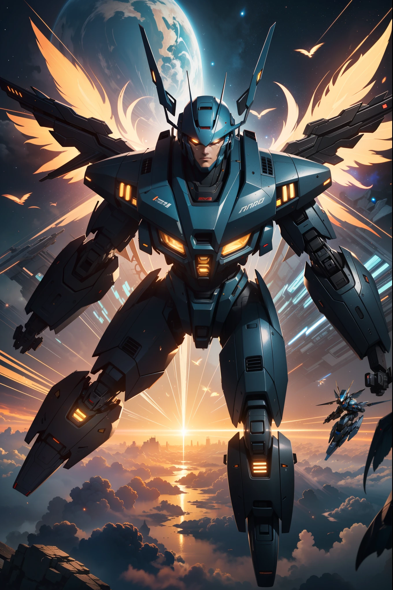  ((Best quality)), ((masterpiece)), (highly detailed:1.3), 3D, beautiful, (cyberpunk:1.2), in space, nebula, holding_weapon, (1mecha:1.3), facing the viewer, glowing eyes, full body, (flying, swooping down, dynamic, motion blur: 1.4), (huge mecha wings: 1.6), looking up, glowing_eyes, mecha, panorama, background is earth, nebula, space, particles, reality, HDR (High Dynamic Range), Ray Tracing, NVIDIA RTX, Super Resolution, Unreal 5, Subsurface Scattering, PBR Texturing, Post Processing, Anisotropic Filtering, Depth of Field, Maximum Clarity and Clarity, Multilayer Textures,Specular map, Surface shading, accurate simulation of light-material interaction, perfect proportion, Octane Render, two-tone lighting, large aperture, low ISO, white balance, rule of thirds, 8K RAW, efficient sub-pixel, sub-pixel convolution, 