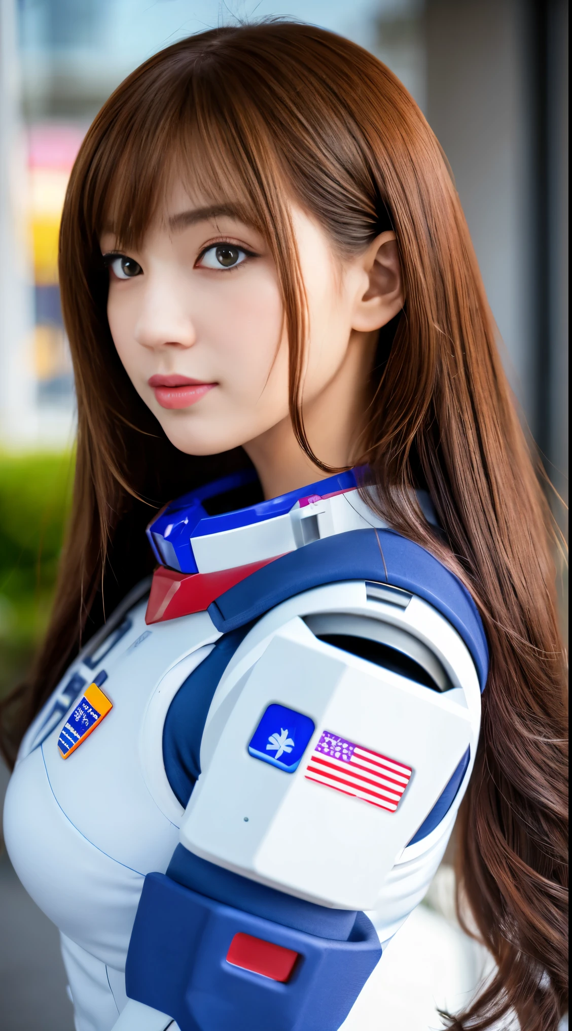 RAW, Masterpiece, Ultra Fine Photo,, Best Quality, Ultra High Resolution, Photorealistic, Sunlight, Full Body Portrait, Stunningly Beautiful,, Dynamic Poses, Delicate Face, Vibrant Eyes, (Side View) a close up of a woman in a pink and white gundam custume, dybamic pose, long brown very very long hair rapunzel, girl in mecha cyber armor, portrait armored astronaut girl, d. va from overwatch, female mecha, on a gundam, gundam head, chiho aoshima color scheme, mobile suit, streamlined purple armor, fully robotic!! girl, realistic cosplay, gundam armor (dynamic pose) (best cameraview), full body