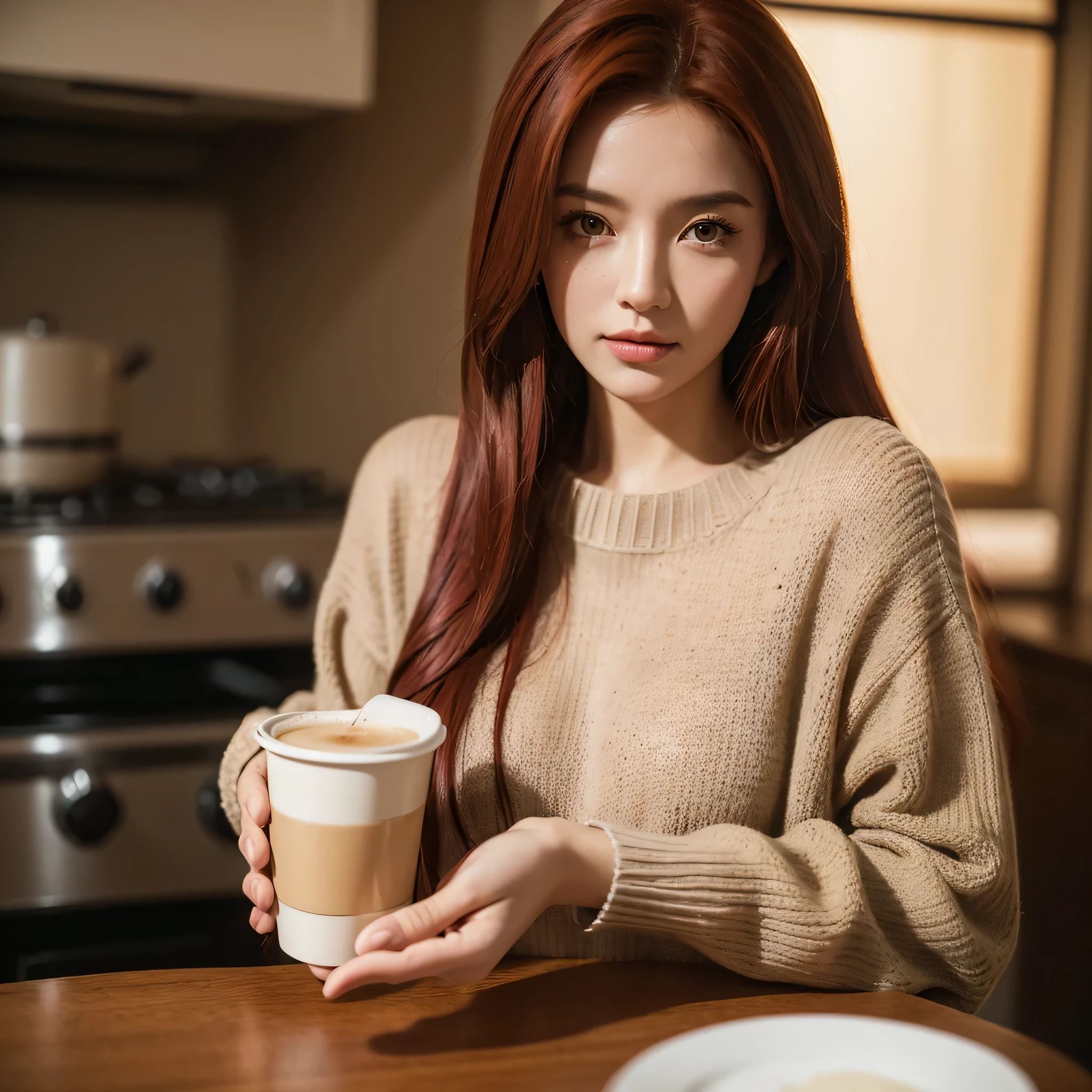 close up, portrait, Liana Decker, ((Wearing a sweater)), in, portrait, kitchen, holding coffee cup, Winter Fire, open one's eyes, best quality, Upper Body, author:lee jeffries nikon d850 film stock photo 4 kodak 400 camera f1.6 lenses,colorful,Ultra-realistic,The texture is natural,illumination,Unreal Engine,Trending on Artstation,cinestill 800, (100mm lens), Long hair,, Red hair