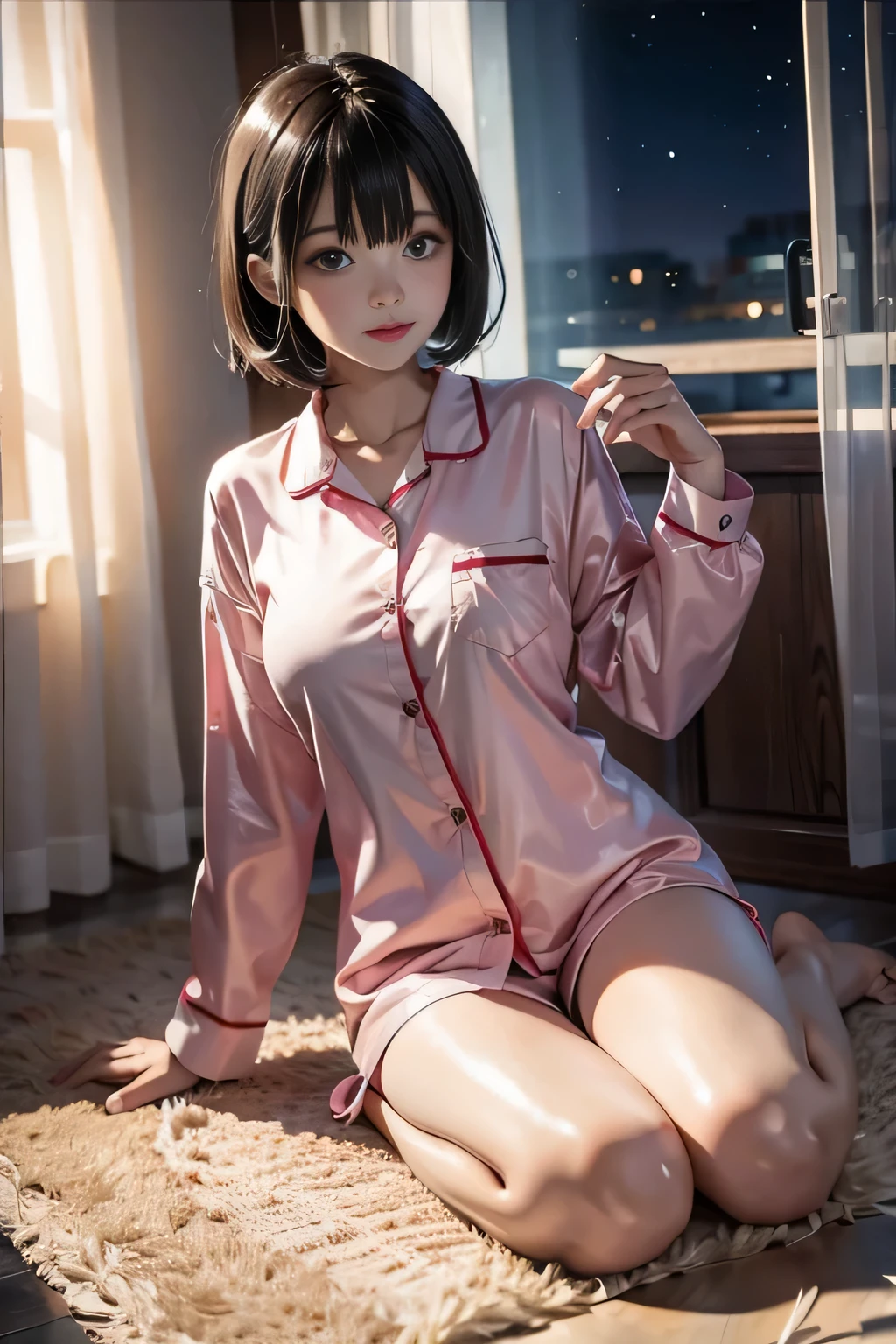 ♥full body,(pink cute pajama button shirt and short pants),((1girl,cute,young,semi long beautiful black hair,blunt bangs,beautiful eyes,medium boobs)),beautiful pastel house room,flat sitting on the pastel carpet,curtain,window,night starry sky,(solo), ((realistic:1.5,Beautiful girl RAW photo)),(looking at the viewer), innocent smile,cinematic lighting and pause,