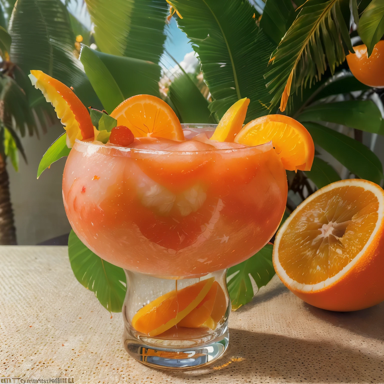 (best quality,4k,8k,highres,masterpiece:1.2),ultra-detailed,(realistic,photorealistic,photo-realistic:1.37),illustration,orange cat,fruit cocktail,delicious fruit salad,ripe juicy oranges,tropical paradise,exotic leaves,refreshing summer afternoon,tangy citrus flavors,vibrant colors,soft natural lighting