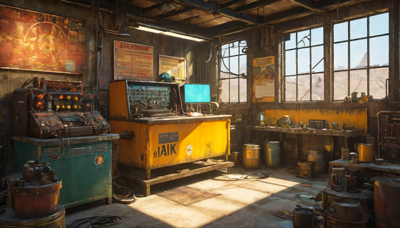 best quality, 4k, 8k, highres, masterpiece:1.2, ultra-detailed, realistic:1.37, HDR, UHD, studio lighting, ultra-fine painting, sharp focus, physically-based rendering, extreme detail description, professional, vivid colors, bokeh, 《Fallout 4》Repair Station in the game, rusty metal walls, flickering fluorescent lights, scattered tools and spare parts, a dusty workbench filled with old computer and wires, repair manuals stacked haphazardly, a girl repairing a vintage motorcycle with a broken engine,camouflage outfit,protective goggles,dirt smudges on her face and hands,heavy duty repair equipment,hardworking and determined expression,small windows covered in grime, a sign that says "Welcome to the Repair Station", a poster of a nuclear reactor with warning signs, old coffee mugs with faded logos, graffiti on the walls depicting mutated creatures color scheme with desaturated, muted tones, giving a sense of the post-apocalyptic world soft, dim lighting from the flickering fluorescent lights, casting eerie shadows on the walls and objects