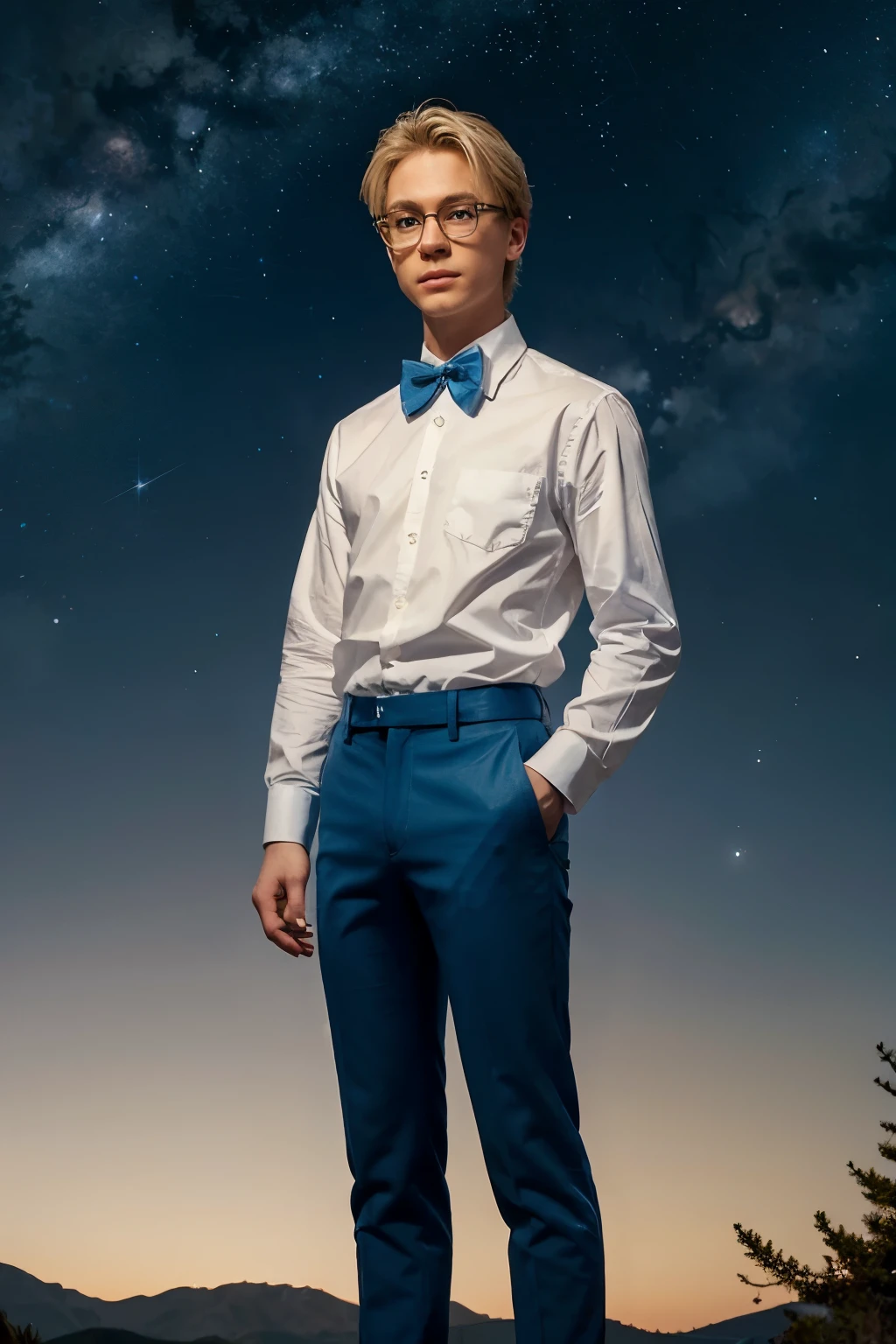 A -yead carn character with blonde hair, glasses, slender build, wearing blue pants and a white shirt with a bow tie, set against a starry nature background