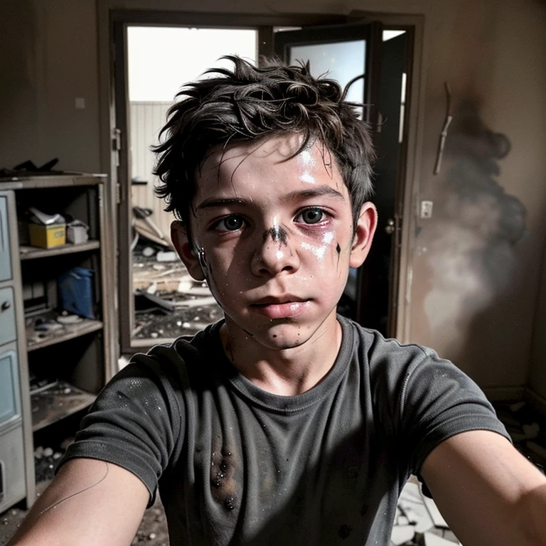 A boy who is caught in an explosion and is covered in soot and in tatters takes a selfie