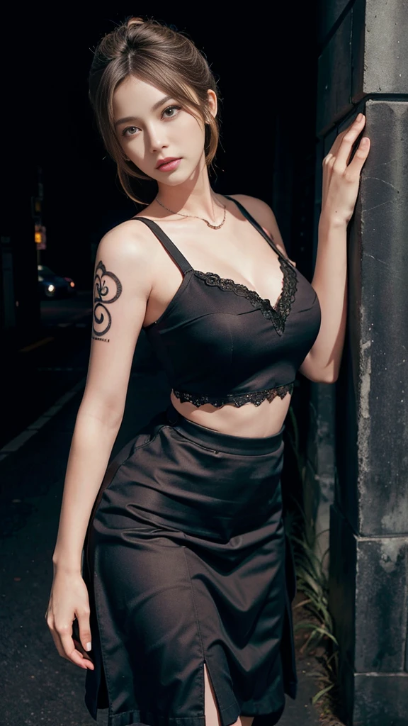 Photorealistic, high resolution, Soft light,1womanl, Solo, Hips up,Night City, (Detailed face),tattoo,ink,Lace pleated skirt, jewelry, coiffed blonde hair