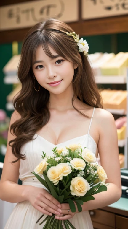 highest quality,masterpiece,超A high resolution,RAW Photos,One Girl,Loose perm hair、length、brown hair、Arms crossed、Japanese、Loose perm hair、length、brown hair、smile、Professional photography、Eye contact with the audience、Same skin type as humans、A woman dressed in Japan from head to toe、Blur the background、Anatomical accuracy、Very detailed and beautiful、Ultra HD、length、Her hair is flowing and sexy、Very detailed beautiful girl、Shoulder-length hair、Floristのスタッフ,Florist、White long skirt、Light brown sleeveless、(Flowers are sold at the cash register:1.4)、(The sunlight is beautiful:1.2),Floristの店内