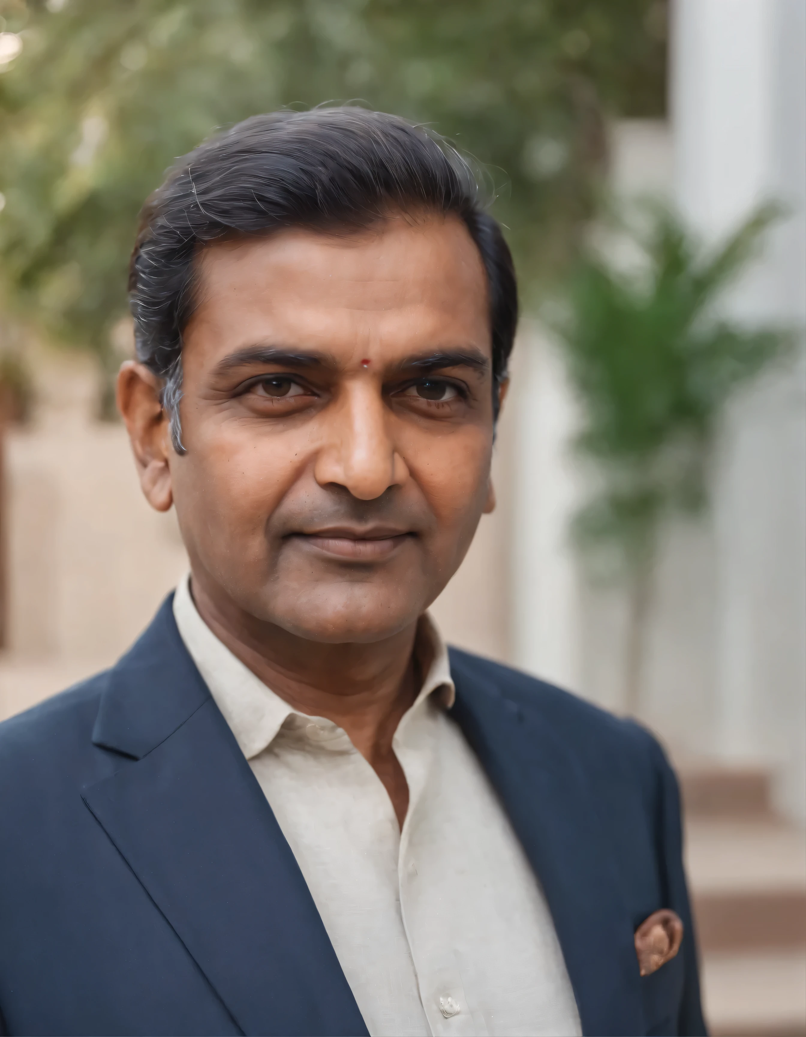 A indian man whose age is around 56 wearing a suit stands outside his house in Uae, style is Confident and tranquil scene, social media portrait, detailed portrait, (upper body). Try to make a picture with detailed in depth which can make looks like a real human