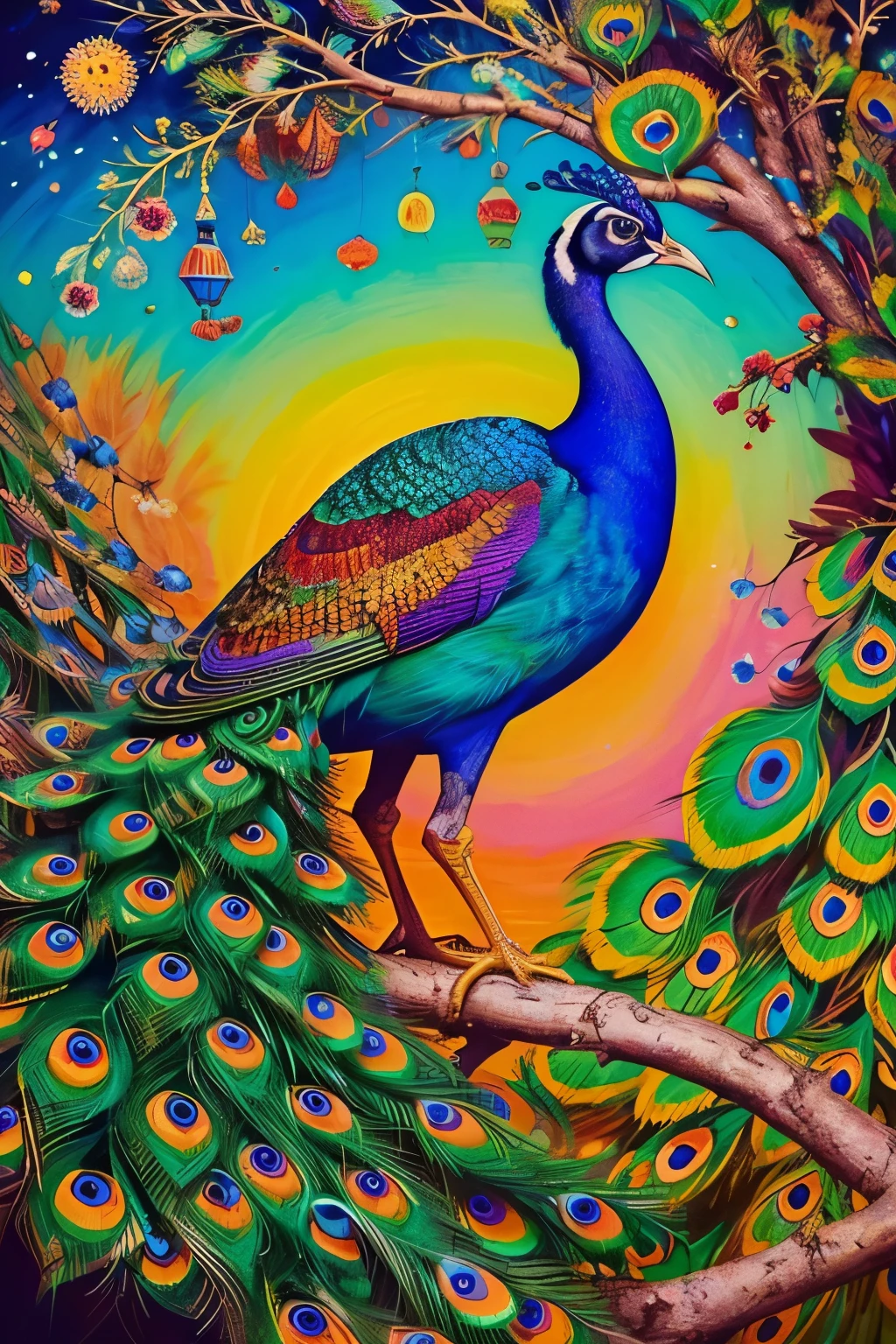 A picture of a peacock perched on a tree branch, Detailed painting by Mario Dubski, Shutterstock Contest Winner, Psychedelic Art, Colourful and detailed, A colorful and exquisite masterpiece, A complex and colorful masterpiece, Very complex and colorful, Peacock Colors, Beautiful and colorful, Mysterious colors, mysterious bird, Wonderfully colorful, complex and vivid colors