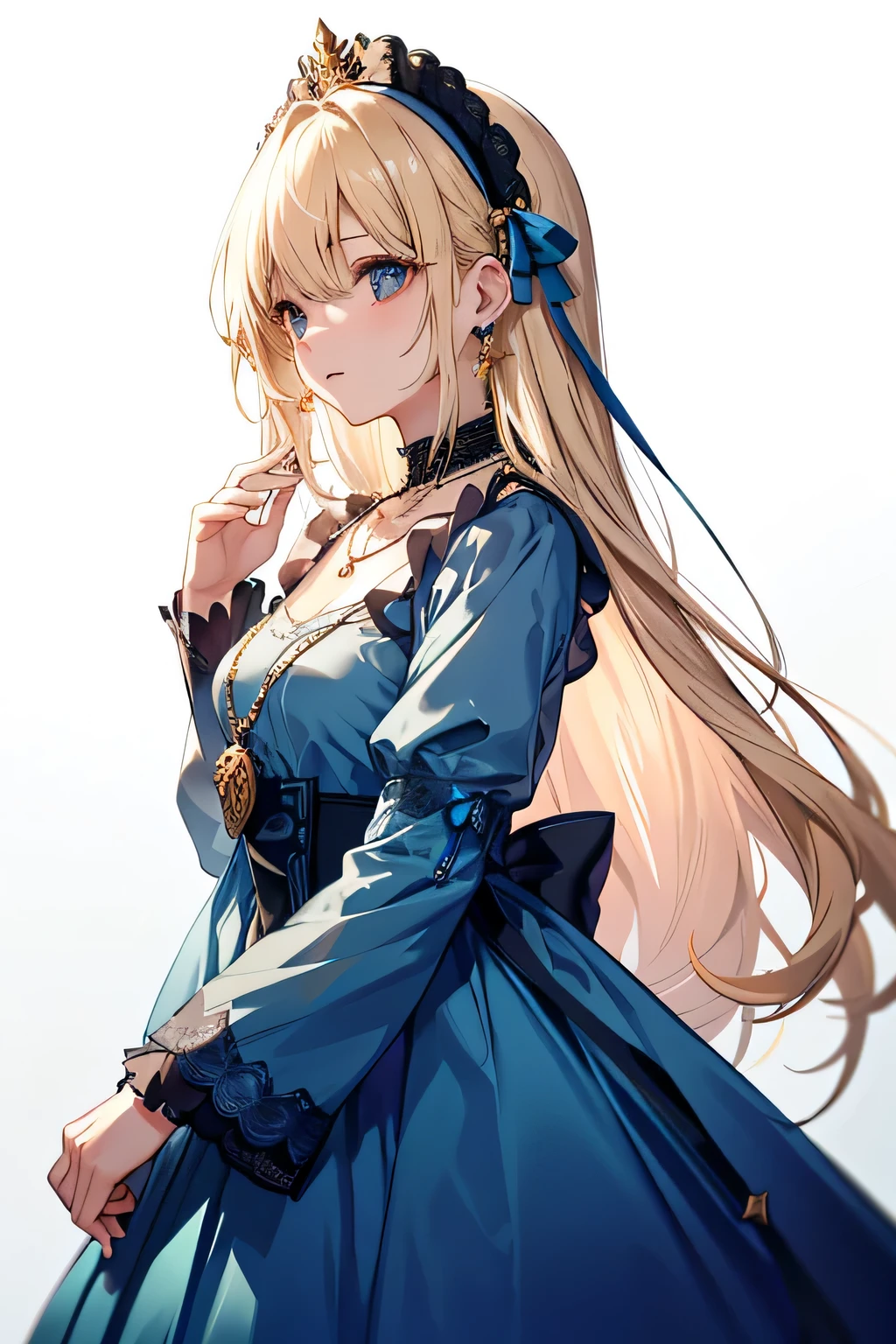((highest quality)), ((masterpiece)), (detailed), Perfect Face、Praying、blonde、Straight Hair、Earrings、necklace、Blue Dress、From the side、