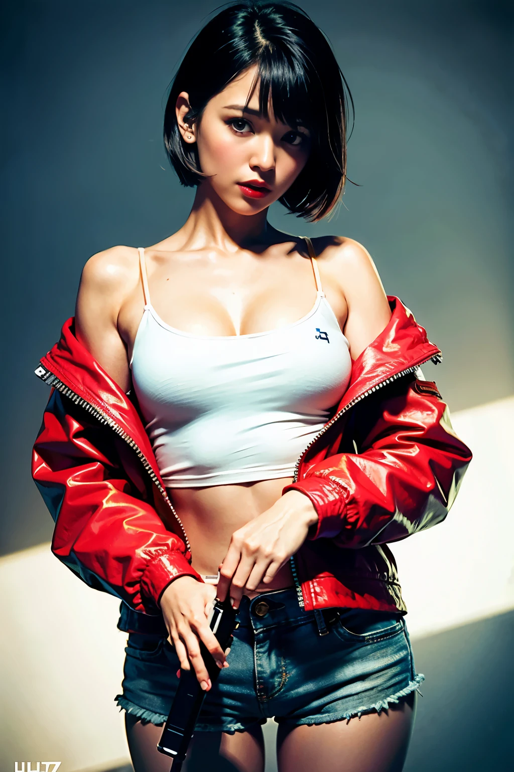 (masterpiece, best quality;1.3), extremely detailed, 1girl, (solo:1.5), detailed skin, looking at viewer, dark skin, smile, large breast, nadia, dark purple hair, WHITE bikini, red vest, Gold collar, Necklace with large light blue gemstones, from below, sitting,