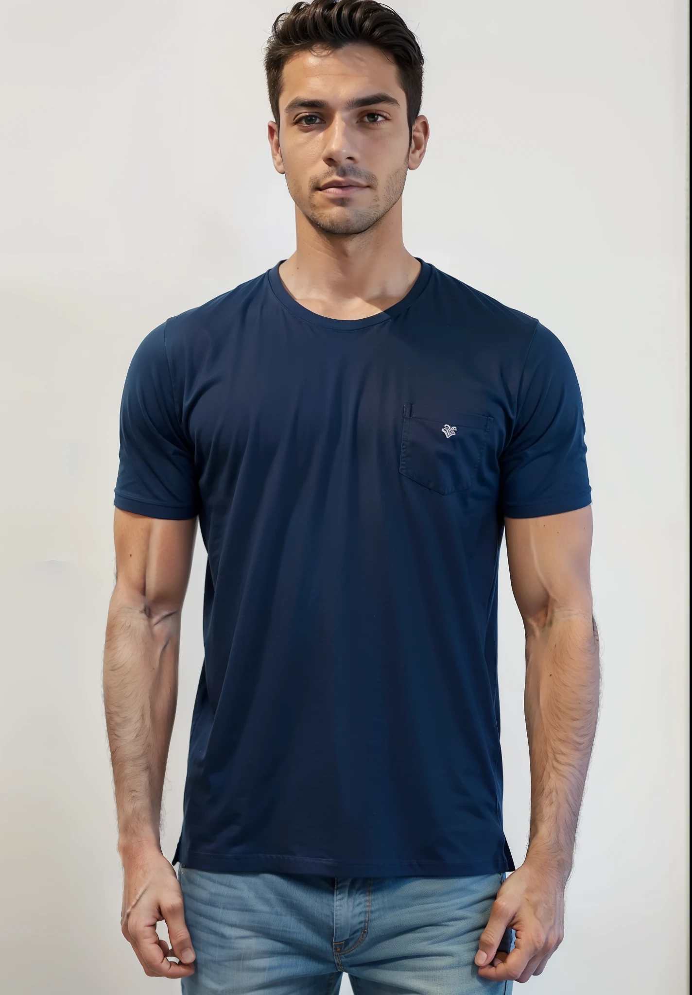 a man in a blue shirt and jeans stands with his hands in his pockets, Manga curta, azul-marinho, azul-marinho, camisa azul marinho, sport camiseta, wearing a camiseta, camiseta azul justa, camiseta, camiseta, wearing a dark blue polo shirt, camisa azul escura, em fundo cinza, foto do produto, Solid color