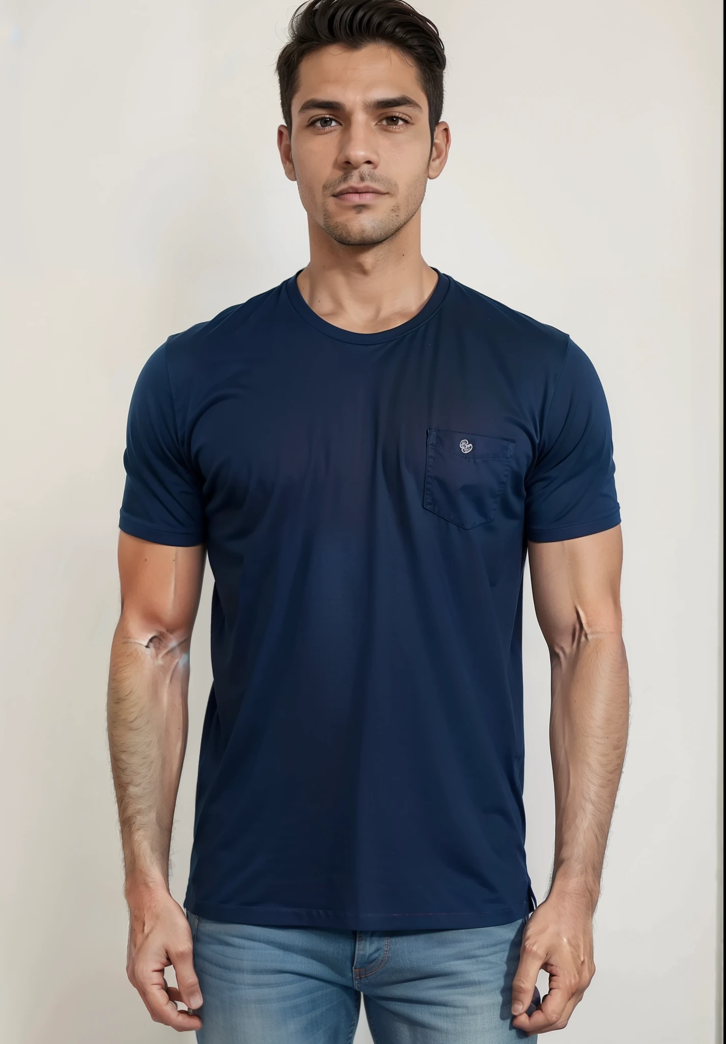 a man in a blue shirt and jeans stands with his hands in his pockets, Manga curta, azul-marinho, azul-marinho, camisa azul marinho, sport camiseta, wearing a camiseta, camiseta azul justa, camiseta, camiseta, wearing a dark blue polo shirt, camisa azul escura, em fundo cinza, foto do produto, Solid color