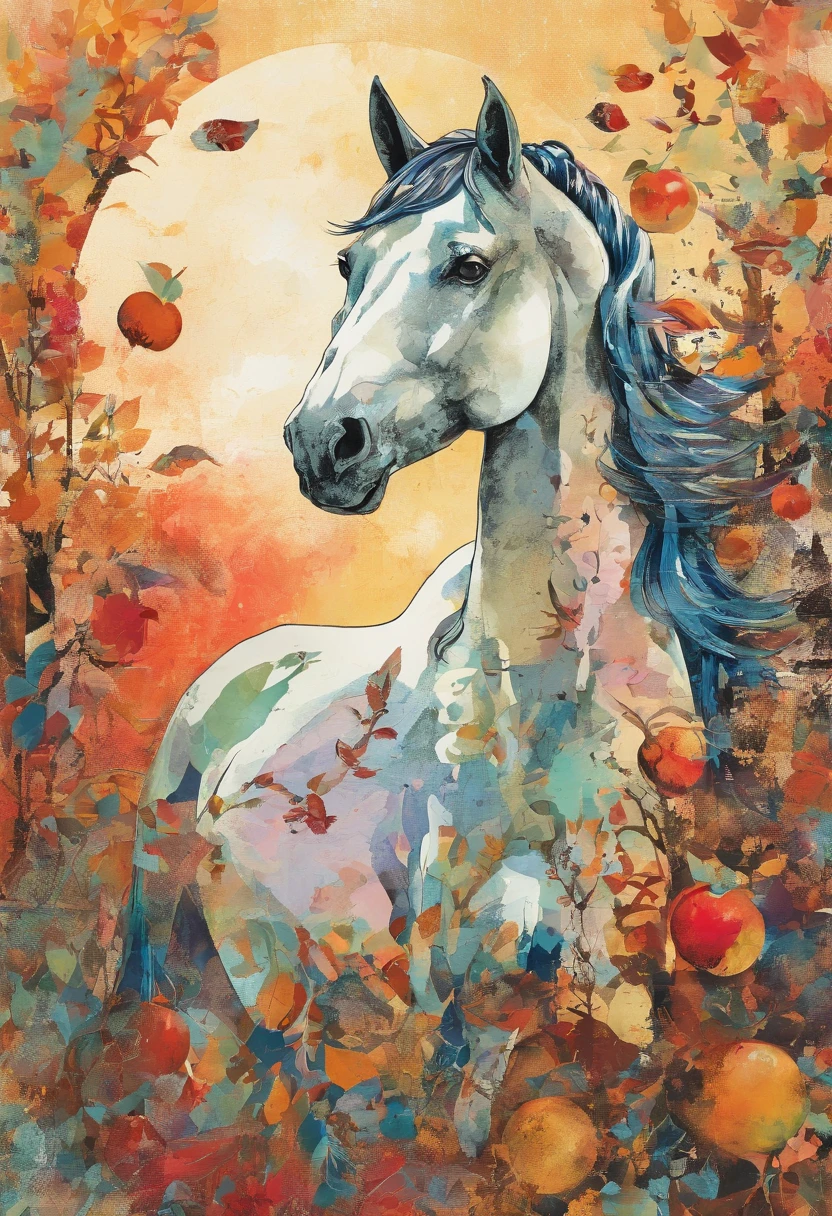 cheval nonchalant stoïque, regard vide froid, posture sage et droite, fond soleil rayonnant, fruiting apple trees :2 colorful ink painting ::2 art fantasy