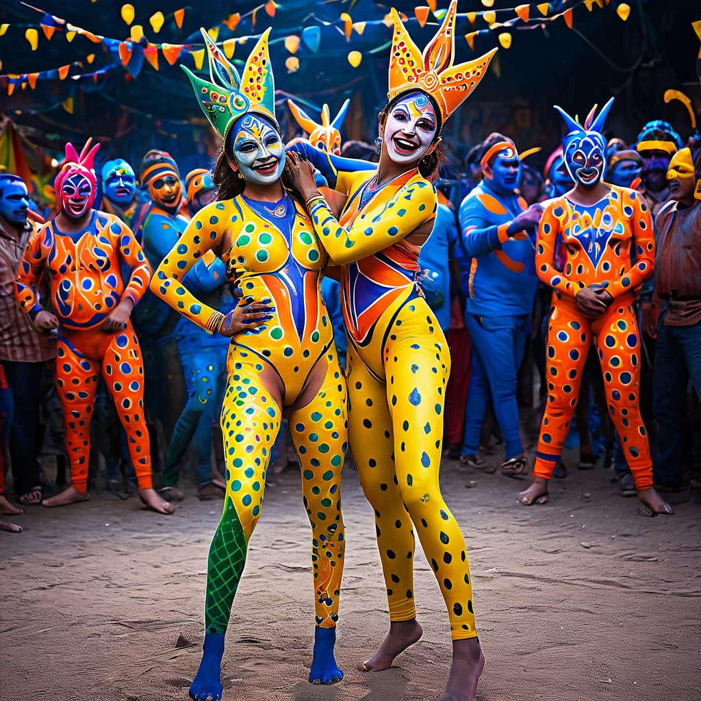 "(best quality, highres, ultra-detailed), (2 women, Desi, 40, average build, in colorful body paint,(playful, vibrant) jesters), wrestling for a crowd of rowdy aliens, in an(otherworldly) atmosphere,unencumbered, uninhibited, (brave and bare except for the vibrant body paint), (elaborate face makeup), (bright, vivid) colors, lively expressions, (dynamic poses), (mysterious, ethereal) lighting"