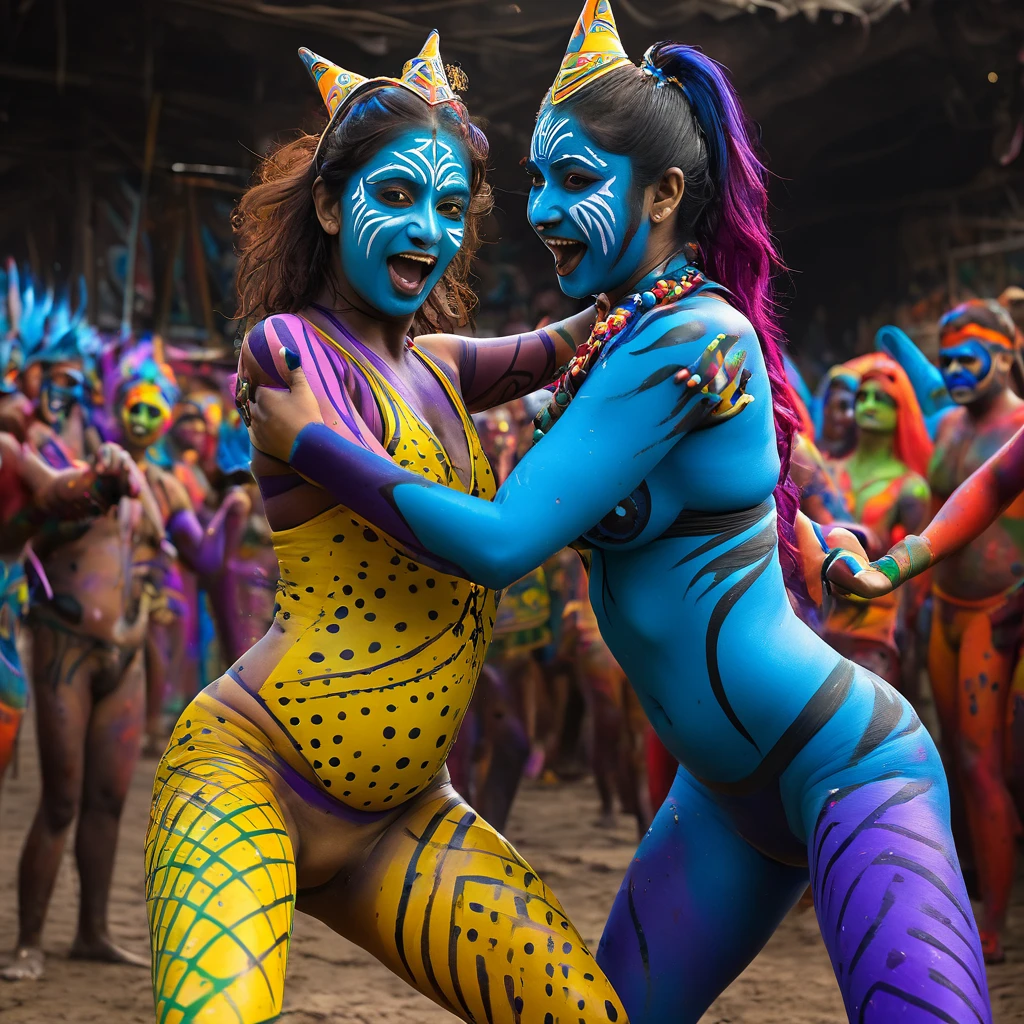 "(best quality, highres, ultra-detailed), (2 women, Desi, 40, average build, in colorful body paint,(playful, vibrant) jesters), wrestling for a crowd of rowdy aliens, in an(otherworldly) atmosphere,unencumbered, uninhibited, (brave and bare except for the vibrant body paint), (elaborate face makeup), (bright, vivid) colors, lively expressions, (dynamic poses), (mysterious, ethereal) lighting"