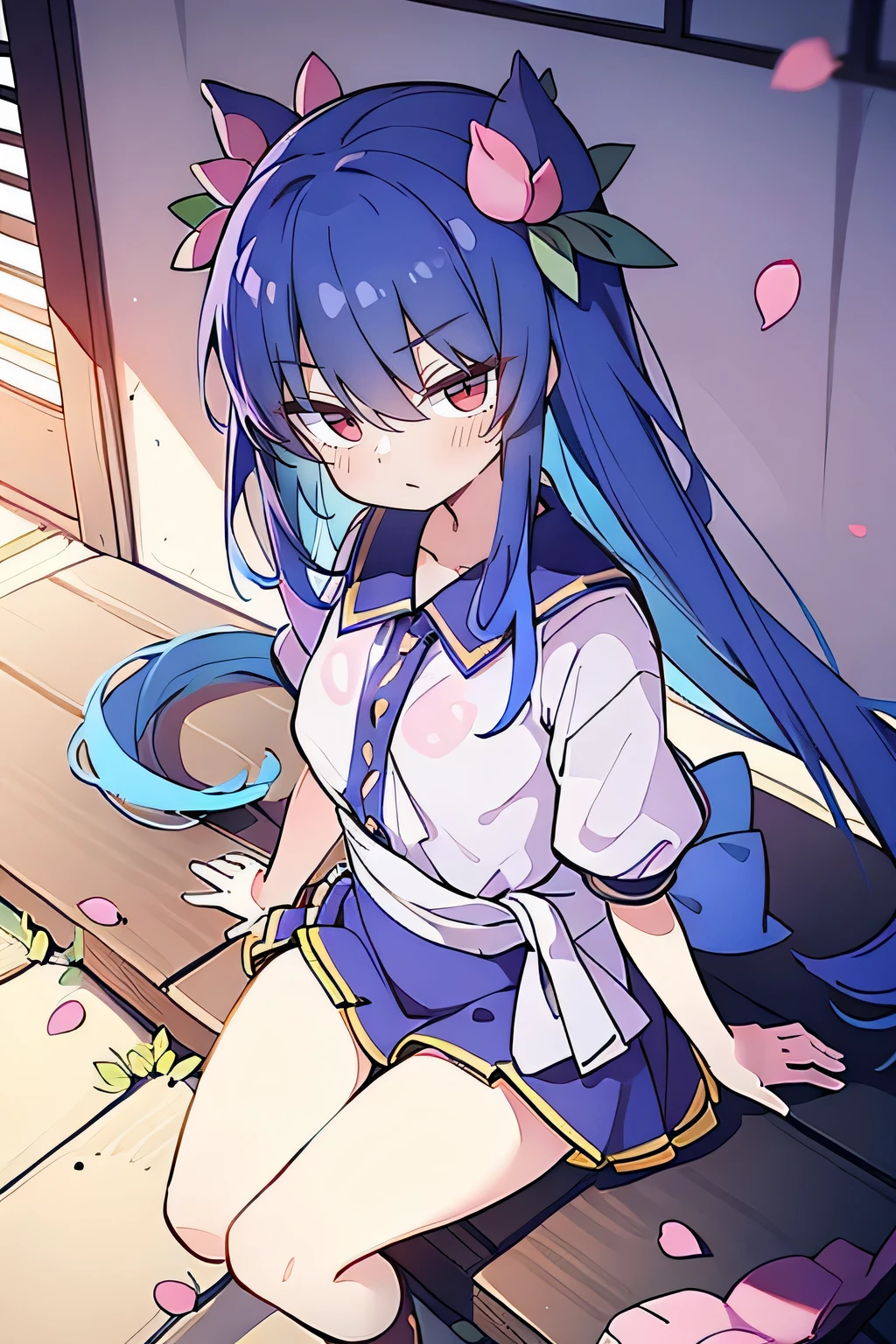 (best quality, masterpiece:1.2), expressive eyes, perfect face, 1 girl, hands on waist, beautiful, gorgeous, Japanese animation, Lola, Hinamori Angel, blue hair, floating clothes, waist grab, waist grab, hands on hips, sitting, sitting on the ground, legs on the ground, flat-chested, falling petals, sitting in a pavilion, pavilion.