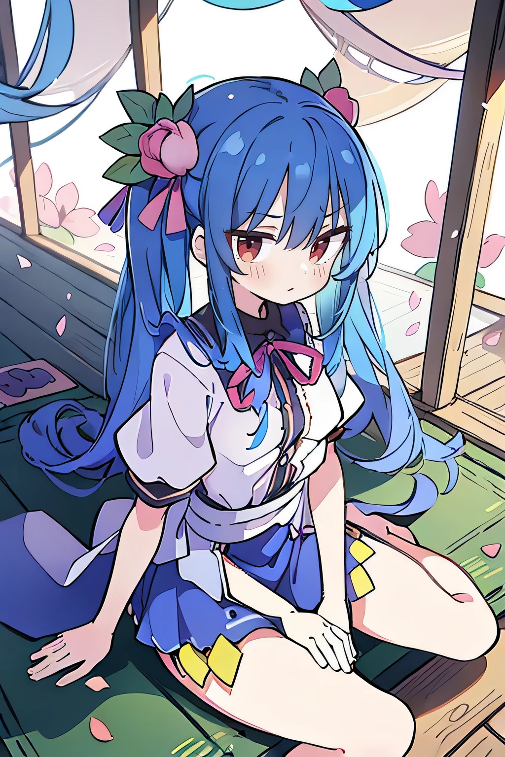 (best quality, masterpiece:1.2), expressive eyes, perfect face, 1 girl, hands on waist, beautiful, gorgeous, Japanese animation, Lola, Hinamori Angel, blue hair, floating clothes, waist grab, waist grab, hands on hips, sitting, sitting on the ground, legs on the ground, flat-chested, falling petals, sitting in a pavilion, pavilion.