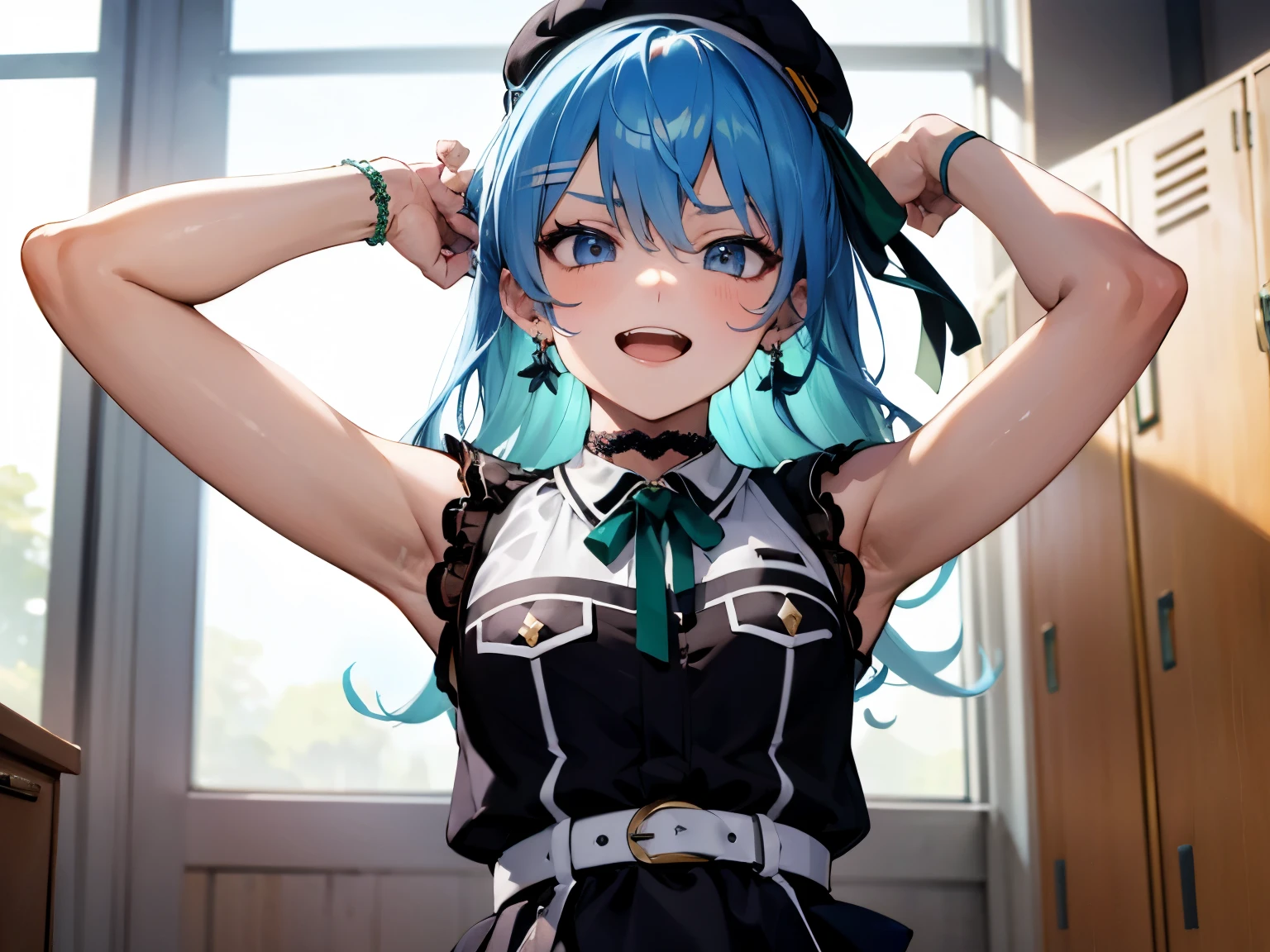 flat chest, from front,
SuiseiStreet, long hair, half updo, black beret, black dress, collared dress, sleeveless, bow earrings, lace choker, neck ribbon, black belt, orange pantyhose, o-ring thigh strap, single garter strap
,{{{flat chest}}}
,BREAK,
indoor locker room
,show off arm pit, focus on arm pit,
,arm pit,arms_up
,BREAK,
from front, upper body,
{{{troubled face:2.0}}}, troubled face,smile, open mouth, looking down at viewer