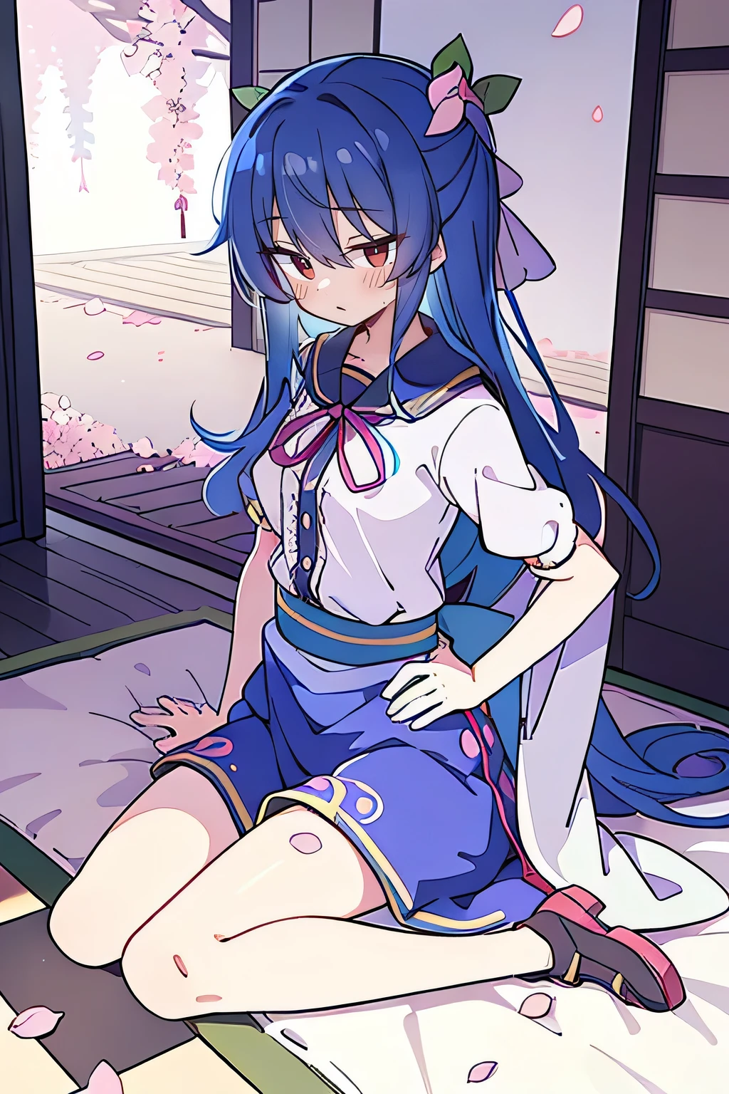 (best quality, masterpiece:1.2), expressive eyes, perfect face, 1 girl, hands on waist, beautiful, gorgeous, Japanese animation, Lola, Hinamori Angel, blue hair, floating clothes, waist grab, waist grab, hands on hips, sitting, sitting on the ground, legs on the ground, flat-chested, falling petals, sitting in a pavilion, pavilion.