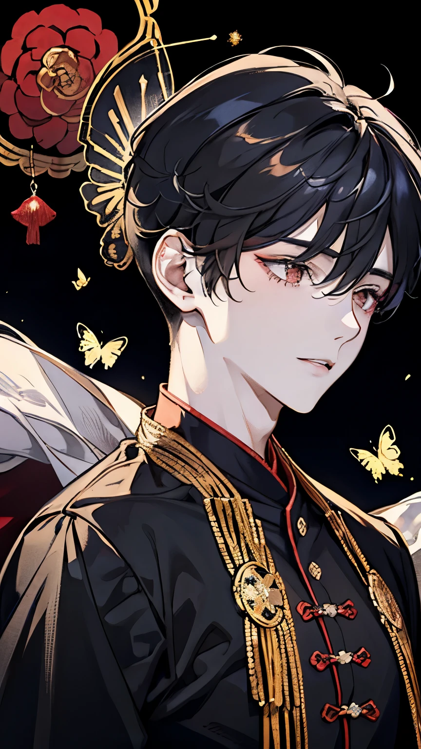 ((Two boys )),(Red, white and black costume reminiscent of ancient Chinese priests),((A golden butterfly that shines like crystal々)),(Long black hair),Hair tied to one side,smile,A fantastic atmosphere,(Starlight Background),((They are staring at each other))