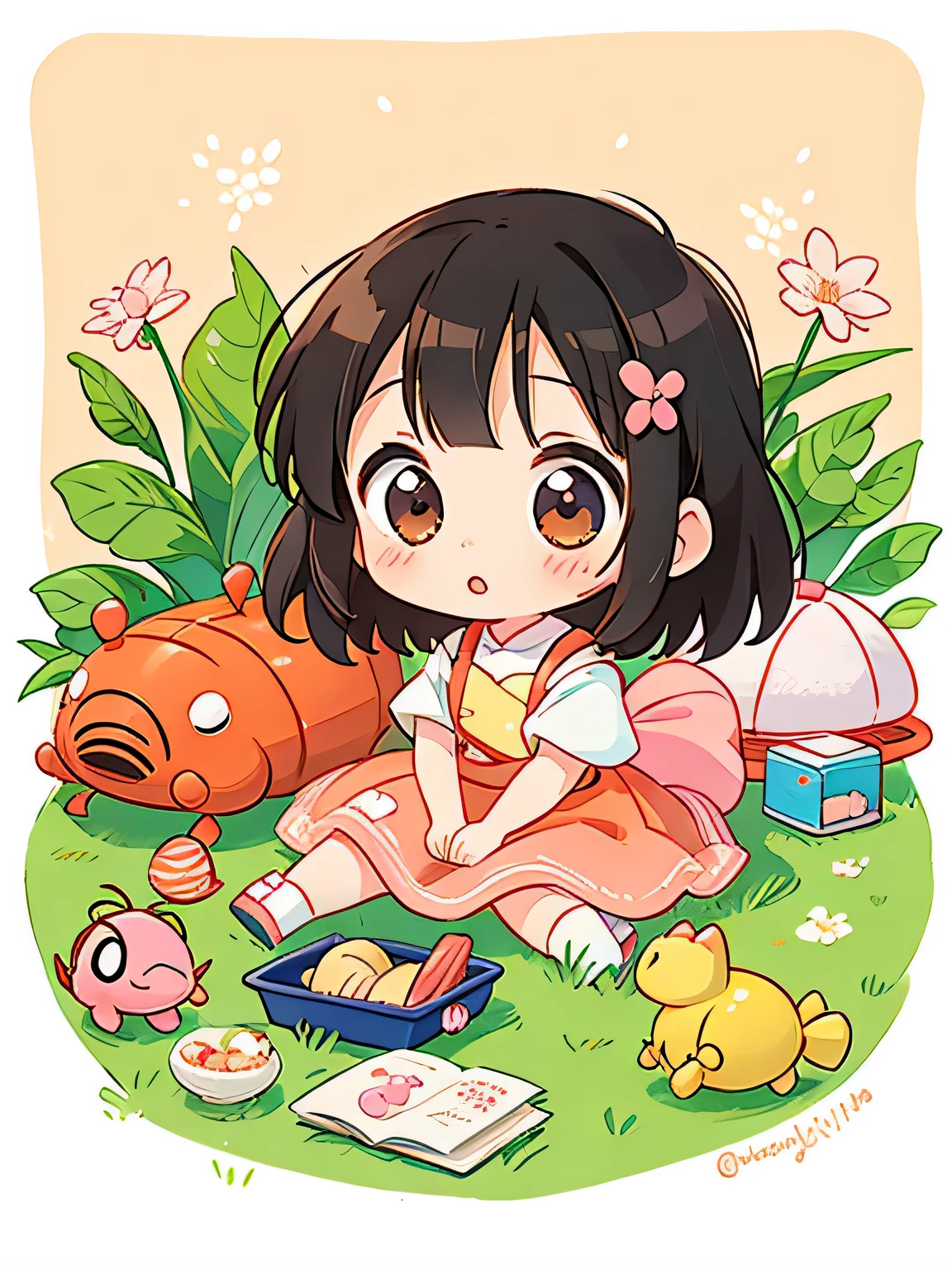 Momoko Sakura Style, Kawaii Design, 2 people,The cutest girl in history and Chibi Maruko-chan、Chibi, cute pillbug、picnic