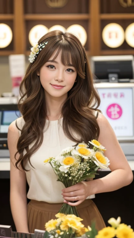 highest quality，masterpiece，超A high resolution，RAW Photos，One Girl，Loose perm hair、length、brown hair、Arms crossed、Japanese、Loose perm hair、length、brown hair、smile、Professional photography、Eye contact with the audience、Same skin type as humans、A woman dressed in Japan from head to toe、Blur the background、Anatomical accuracy、Very detailed and beautiful、Ultra HD、length、Her hair is flowing and sexy、Very detailed beautiful girl、Shoulder-length hair、Floristのスタッフ,Florist、White long skirt、(Light brown sleeveless:1.4)、(Flowers are sold at the cash register:1.4)、(The sunlight is beautiful:1.2),Floristの店内