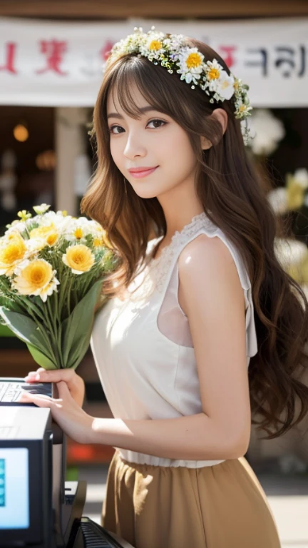 highest quality，masterpiece，超A high resolution，RAW Photos，One Girl，Loose perm hair、length、brown hair、Arms crossed、Japanese、Loose perm hair、length、brown hair、smile、Professional photography、Eye contact with the audience、Same skin type as humans、A woman dressed in Japan from head to toe、Blur the background、Anatomical accuracy、Very detailed and beautiful、Ultra HD、length、Her hair is flowing and sexy、Very detailed beautiful girl、Shoulder-length hair、Floristのスタッフ,Florist、White long skirt、(Light brown sleeveless:1.4)、(Flowers are sold at the cash register:1.4)、(The sunlight is beautiful:1.2),Floristの店内