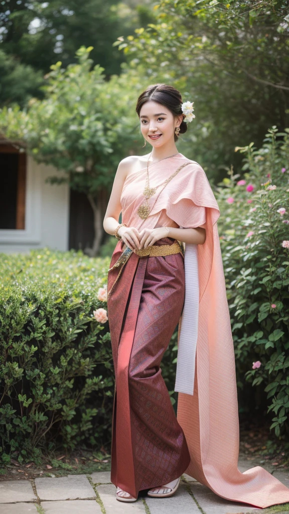 best quality : 1 woman , Thai girl in traditional Thai dress, bright pink and purple, complex pattern, Highly detailed, Beautiful smile,Look up at the audience., beautiful girl's body,The face is beautiful., Sharp and realistic., big, หน้าอกสวยbigโต, Hip fart, Wear luxurious diamond jewelry.., Pose professionally, colorful flower garden background, staring at the audience, Realistic 8K, UHD, Highly detailed, The surface is textured., Anatomically correct, best quality, 16k, UHD, full body