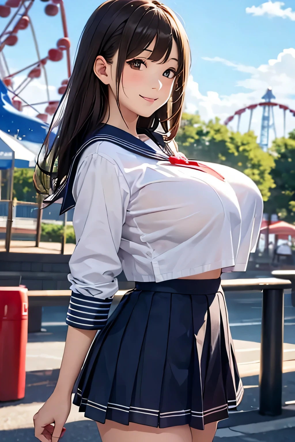 highest quality、High resolution、Detailed Background、Teenage Girl、(Huge breasts:1.3)、brown hair、Braided long hair、Perfect body line、Calm atmosphere、Elegant and cute、Feminine atmosphere、cute gesture、A big smile、
Sailor suit in bright colors、White sailor collar、Checkered pleated mini skirt、Brightly colored school cardigans、petticoat、White knee-high socks、Amusement park date、Sailor collar seen from the side