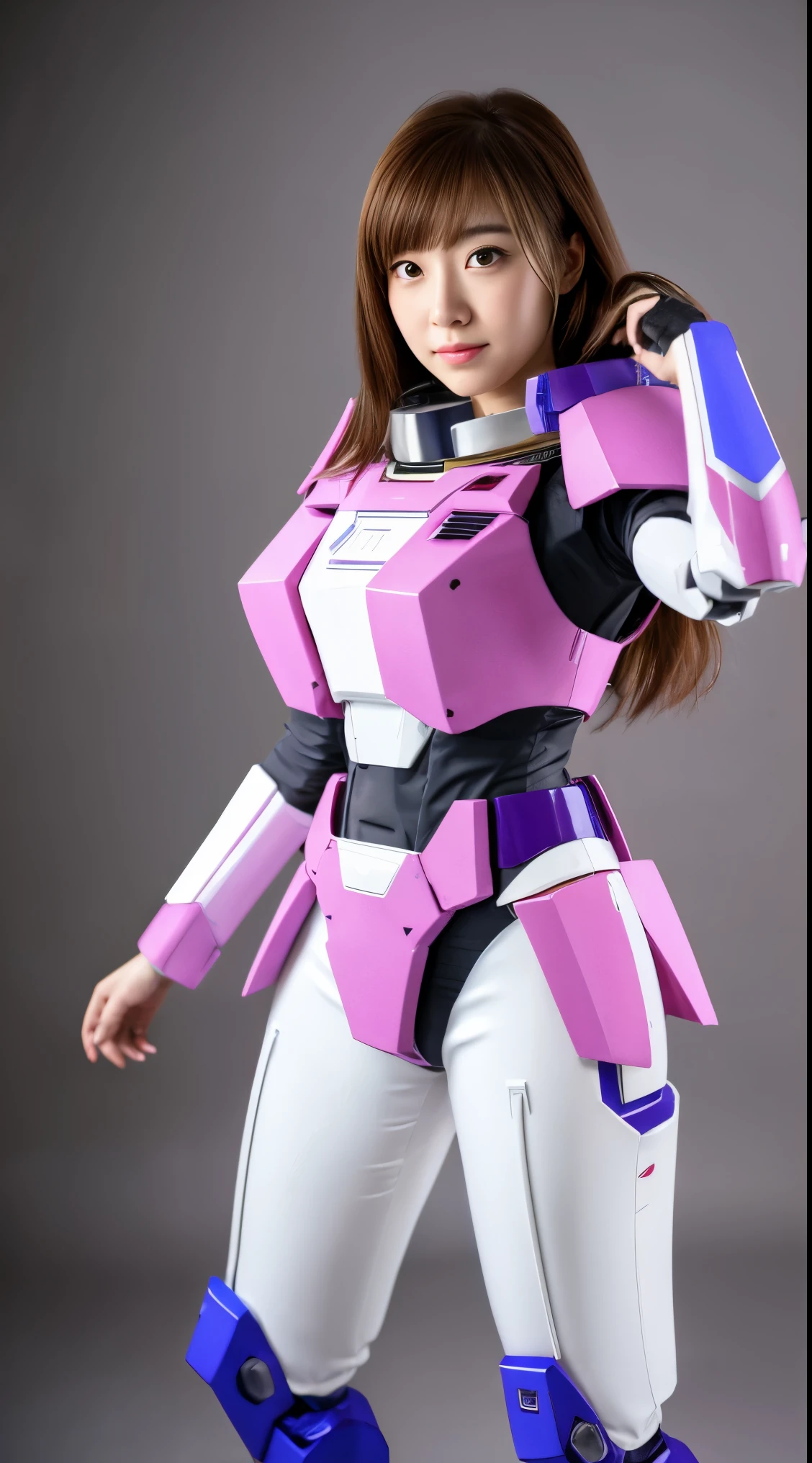 RAW, Masterpiece, Ultra Fine Photo,, Best Quality, Ultra High Resolution, Photorealistic, Sunlight, Full Body Portrait, Stunningly Beautiful,, Dynamic Poses, Delicate Face, Vibrant Eyes, (Side View) a close up of a woman in a pink and white gundam custume, dybamic pose, long brown very very long hair rapunzel, girl in mecha cyber armor, portrait armored astronaut girl, d. va from overwatch, female mecha, on a gundam, gundam head, chiho aoshima color scheme, mobile suit, streamlined purple armor, fully robotic!! girl, realistic cosplay, gundam armor (dynamic pose) (best cameraview), full body