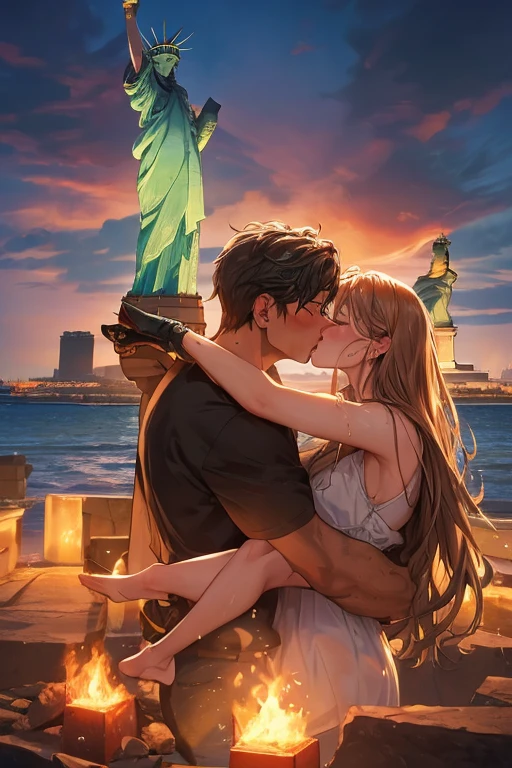masterpiece, best quality, unity 8k wallpaper, illustration, very detailed, ((shame, pain,1 American woman, 1 American male, first sound)), (((black skin)))whole body, sweat, Warmth, solid, big bust ((In front of the Statue of Liberty))(((kiss)))