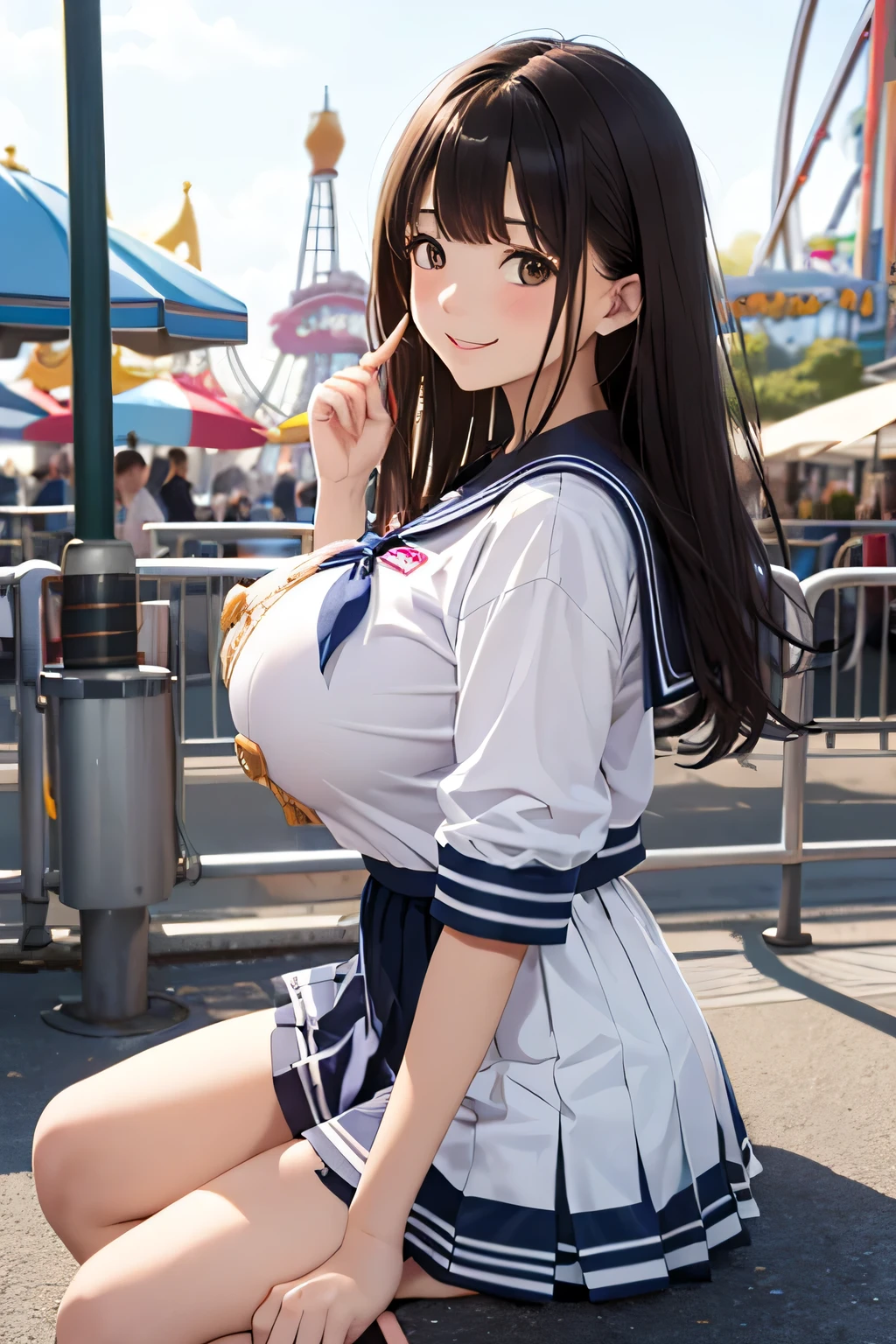 highest quality、High resolution、Detailed Background、Teenage Girl、(Huge breasts:1.3)、brown hair、Braided long hair、Perfect body line、Calm atmosphere、Elegant and cute、Feminine atmosphere、cute gesture、A big smile、
Sailor suit in bright colors、White sailor collar、Checkered pleated mini skirt、Brightly colored school cardigans、petticoat、White knee-high socks、Amusement park date、Sailor collar seen from the side