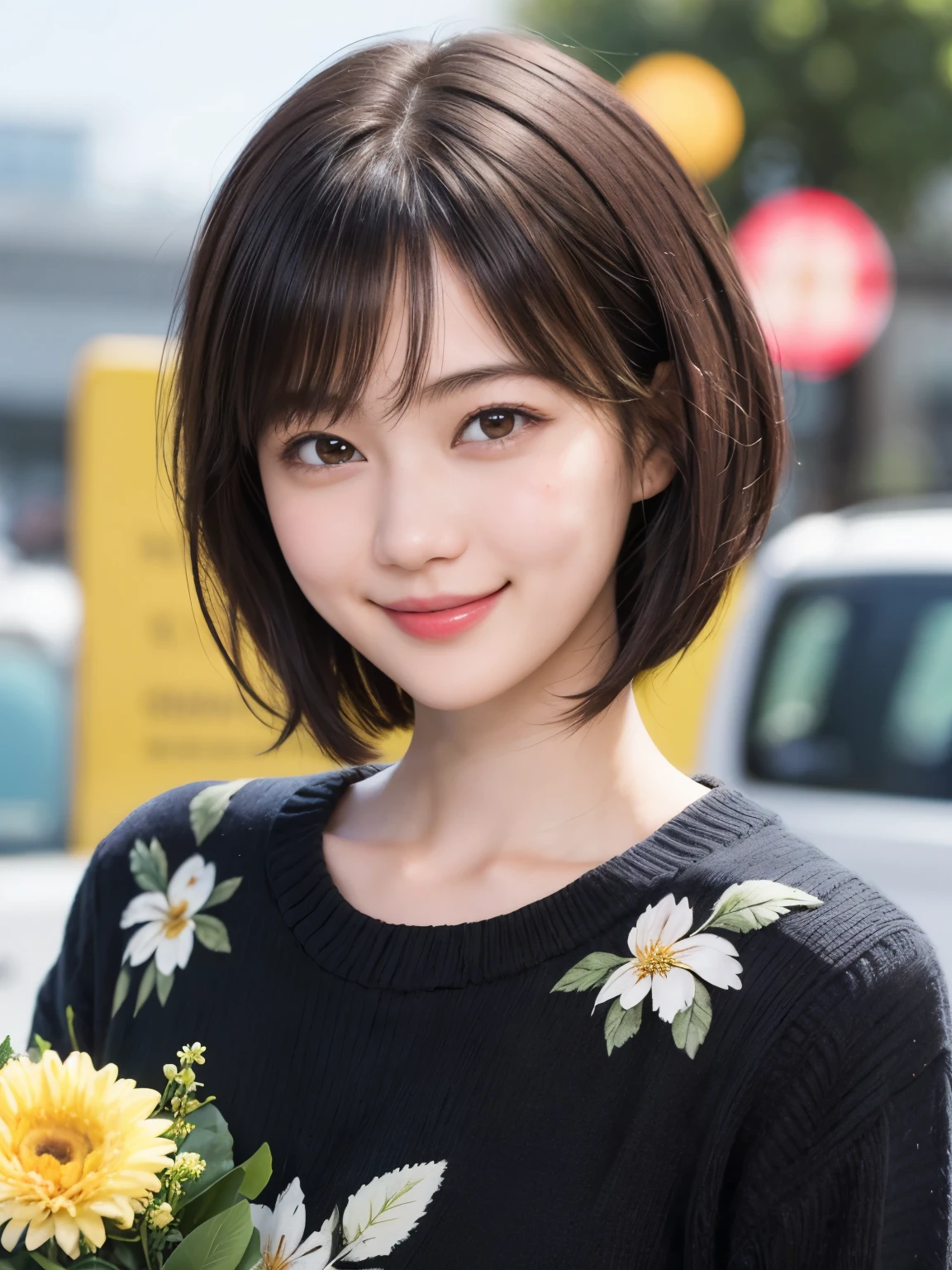 215 Short Hair, 20-year-old woman, A kind smile, Floral