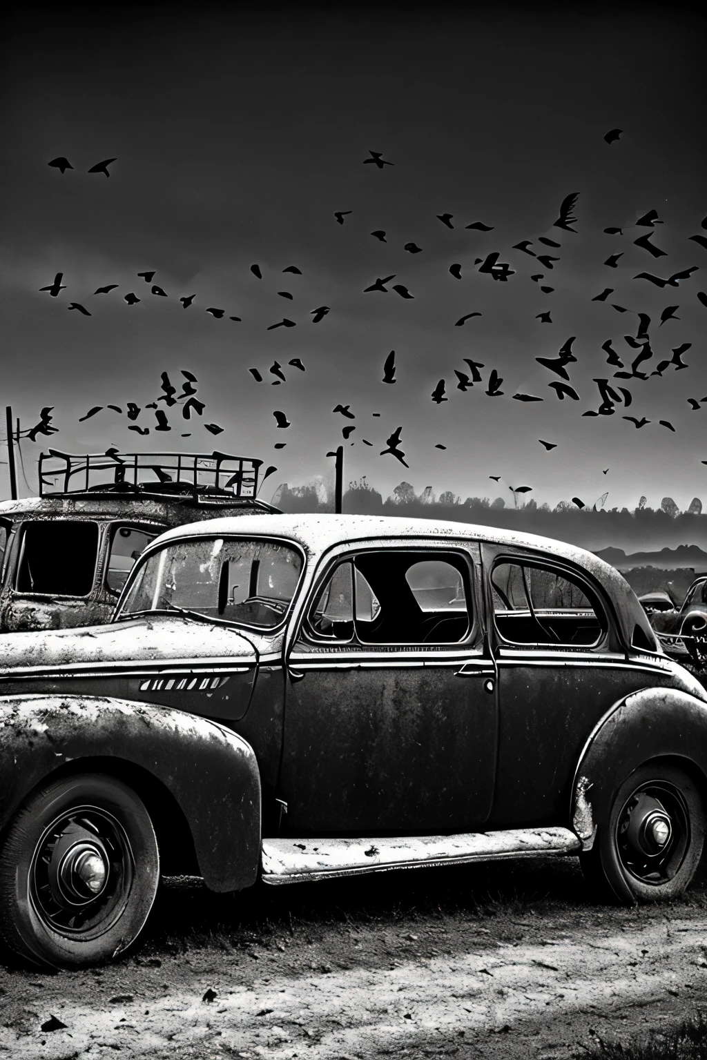 The old car, weathered and worn, was unexpectedly filled with an unusual crowd. A multitude of crows perched on its rusted hood and peered in through its shattered windows, their inky feathers contrasting sharply against the car's faded paint. Their beady eyes glinted in the dim light, and their raucous caws filled the air, creating an eerie yet mesmerizing scene. The old car, now a sanctuary for these birds, seemed to have taken on a new life, and the crows, with their intriguing presence, added an uncanny beauty to its once forsaken appearance. A stunning, atmospheric image in black and white, every detail met