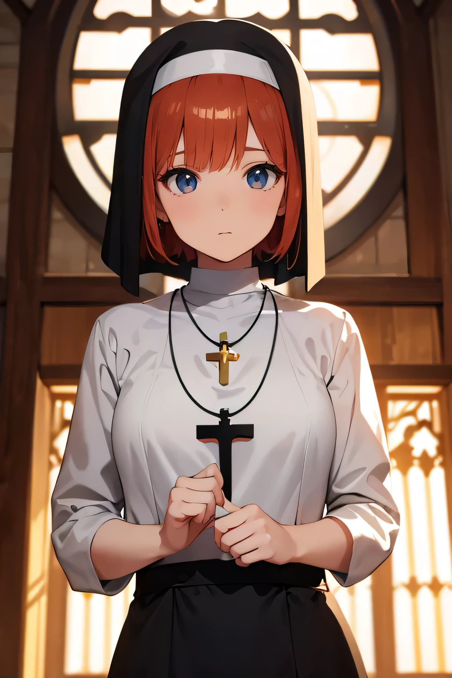 Ginger hair, short hair, straight bangs, nun uniform, woman, illustrations, high-quality, ultra-detailed, realistic, vivid colors, portraits, warm tones, soft lighting. ((Necklace with a cross)). Woman. ((Con un palo de escoba.)) ((curious expression) Chapel