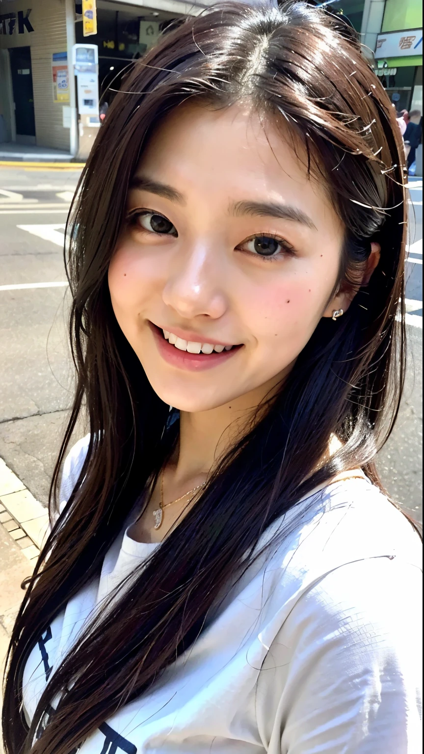 (highest quality、8k、32k、masterpiece、Hmph:1.2)、Cute Japanese Women Photos、Big ample breasts、Shortcuts、Face Focus、White T-shirt、necklace、From above、Looking at the audience、Laughter、Dimples、Dynamic Shadows、Wet shiny hair、Watery eyes、In the streets of Akihabara