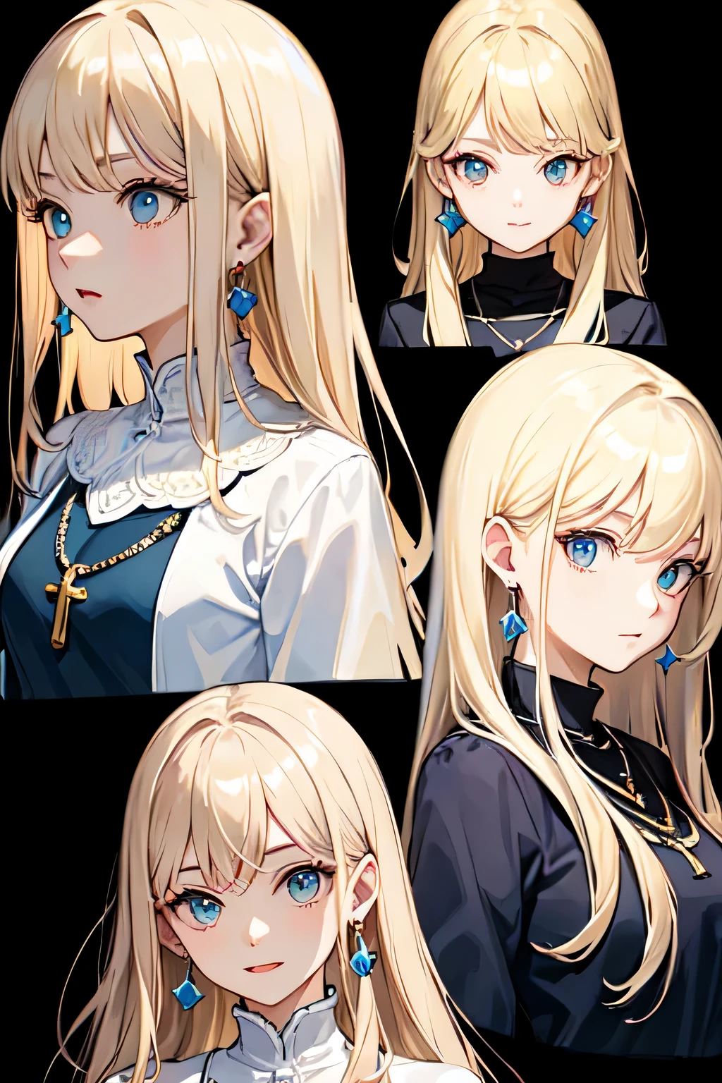 ((highest quality)), ((masterpiece)), (detailed), Perfect Face、Praying with folded hands、blonde、Straight Hair、Earrings、necklace、Blue Dress、