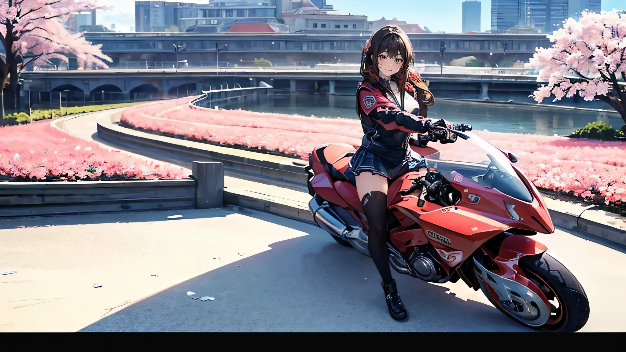 (girl riding a motorcycle:1.2),A park where cherry blossoms dance,high school girl,(random cute pose),(random hairstyle),(Highest image quality,(8K), Ultra-realistic, Best Quality, High quality, High Definition, high quality texture, high detailing, Beautiful detailed, fine detailed, extremely details CG, Detailed texture, realistic representation of face, masterpiece, presence)