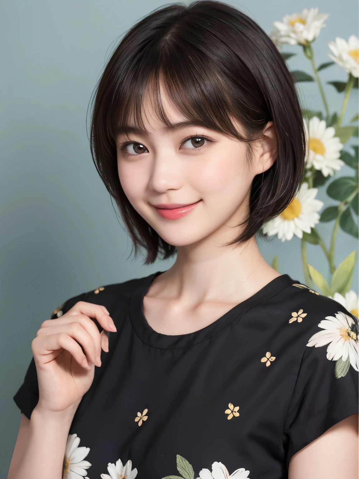 215 Short Hair, 20-year-old woman, A kind smile, Floral
