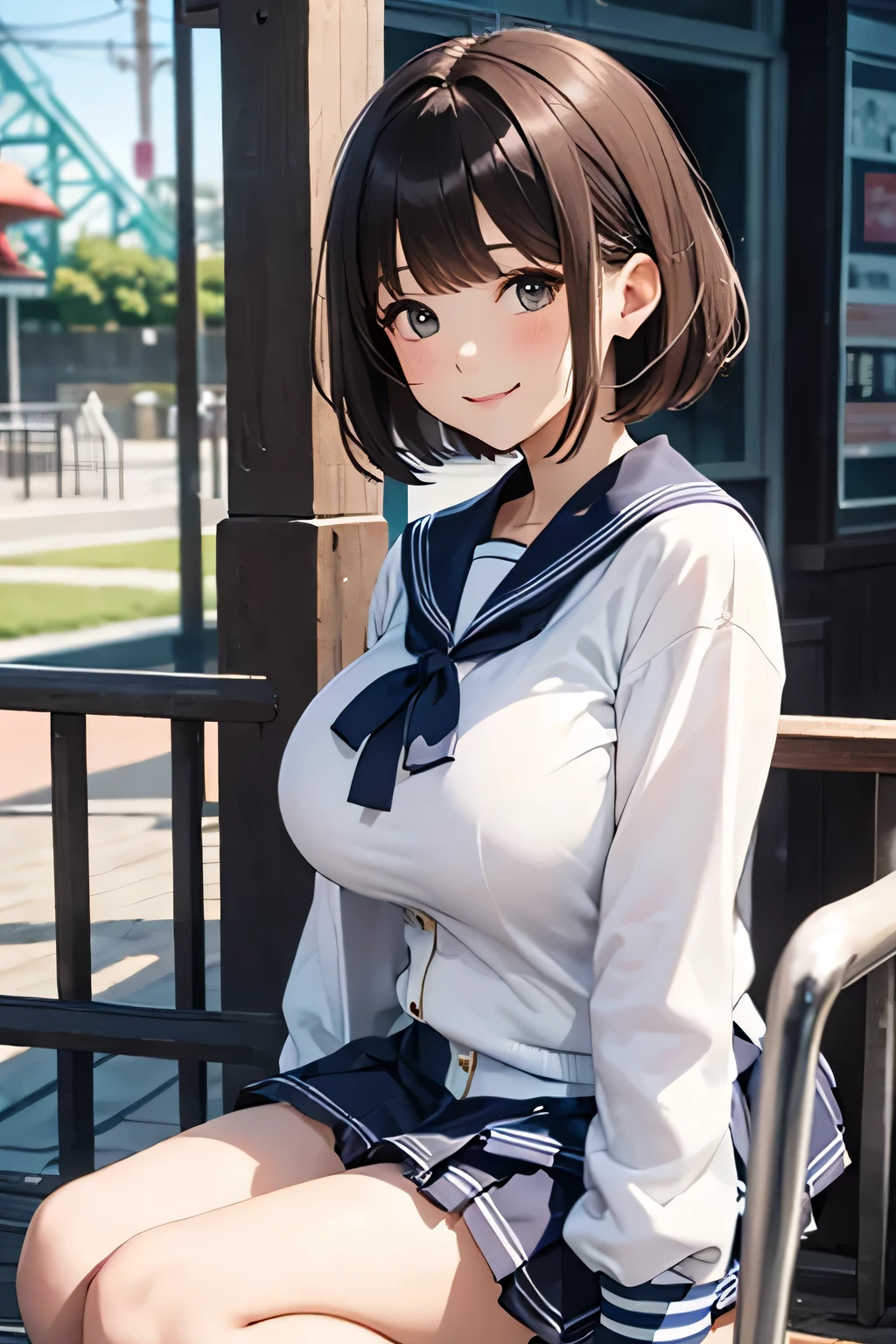 highest quality、High resolution、Detailed Background、Teenage Girl、(Huge breasts:1.1)、brown hair、Braided bob cut、Perfect body line、Calm atmosphere、Elegant and cute、Feminine atmosphere、cute gesture、A big smile、
Sheer sailor suit、light blue sailor color、Checkered pleated mini skirt、Cute School Cardigan、petticoat、White knee-high socks、Amusement park date、Sailor collar seen from the side