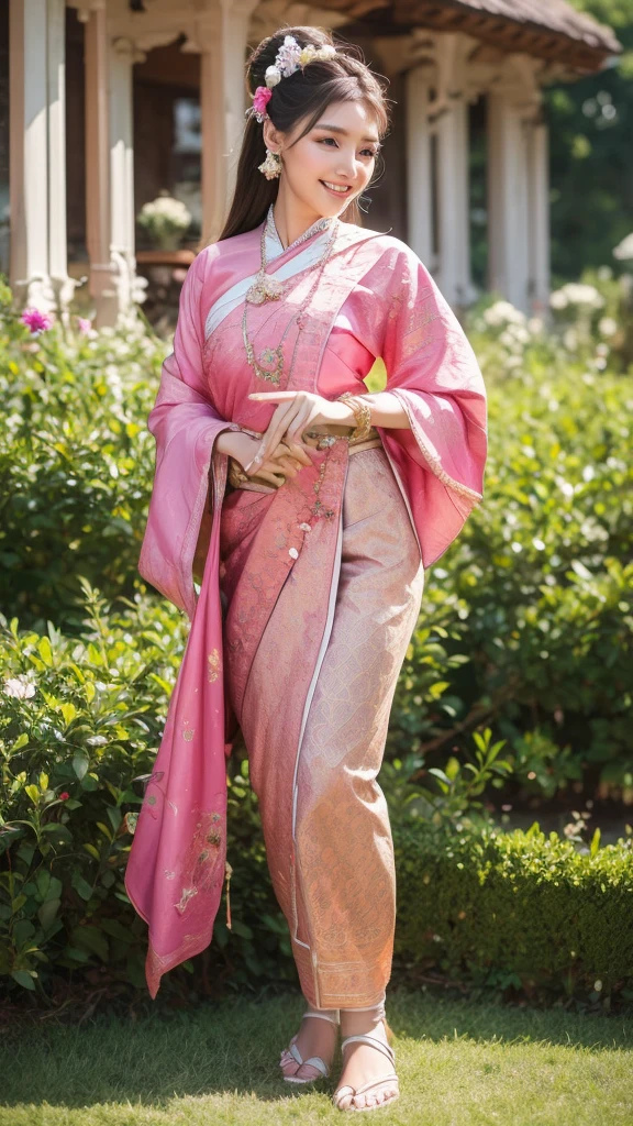best quality : 1 woman , Thai girl in traditional Thai dress, bright pink and purple, complex pattern, Highly detailed, Beautiful smile,Look up at the audience., beautiful girl&#39;s body,The face is beautiful., Sharp and realistic., big, หน้าอกสวยbigโต, Hip fart, Wear luxurious diamond jewelry.., Pose professionally, colorful flower garden background, staring at the audience, Realistic 8K, UHD, Highly detailed, The surface is textured., Anatomically correct, best quality, 16k, UHD, full body