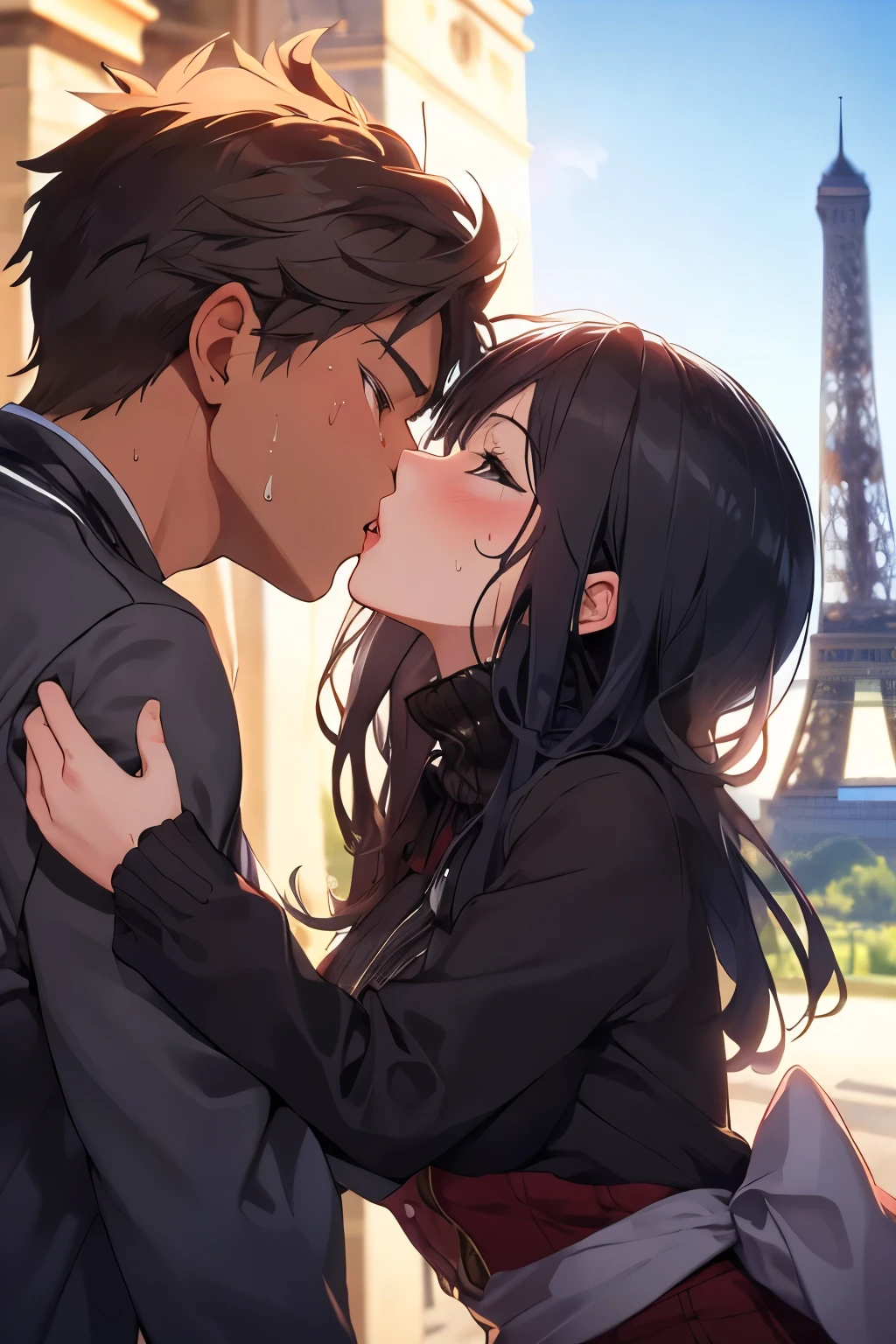 masterpiece, best quality, unity 8k wallpaper, illustration, very detailed, ((shame,pain, 1 woman, 1 man, first sound)), ((black man and woman)),whole body, sweat, Warmth, solid, big bust ((in front of the Eiffel Tower))(((kiss)))